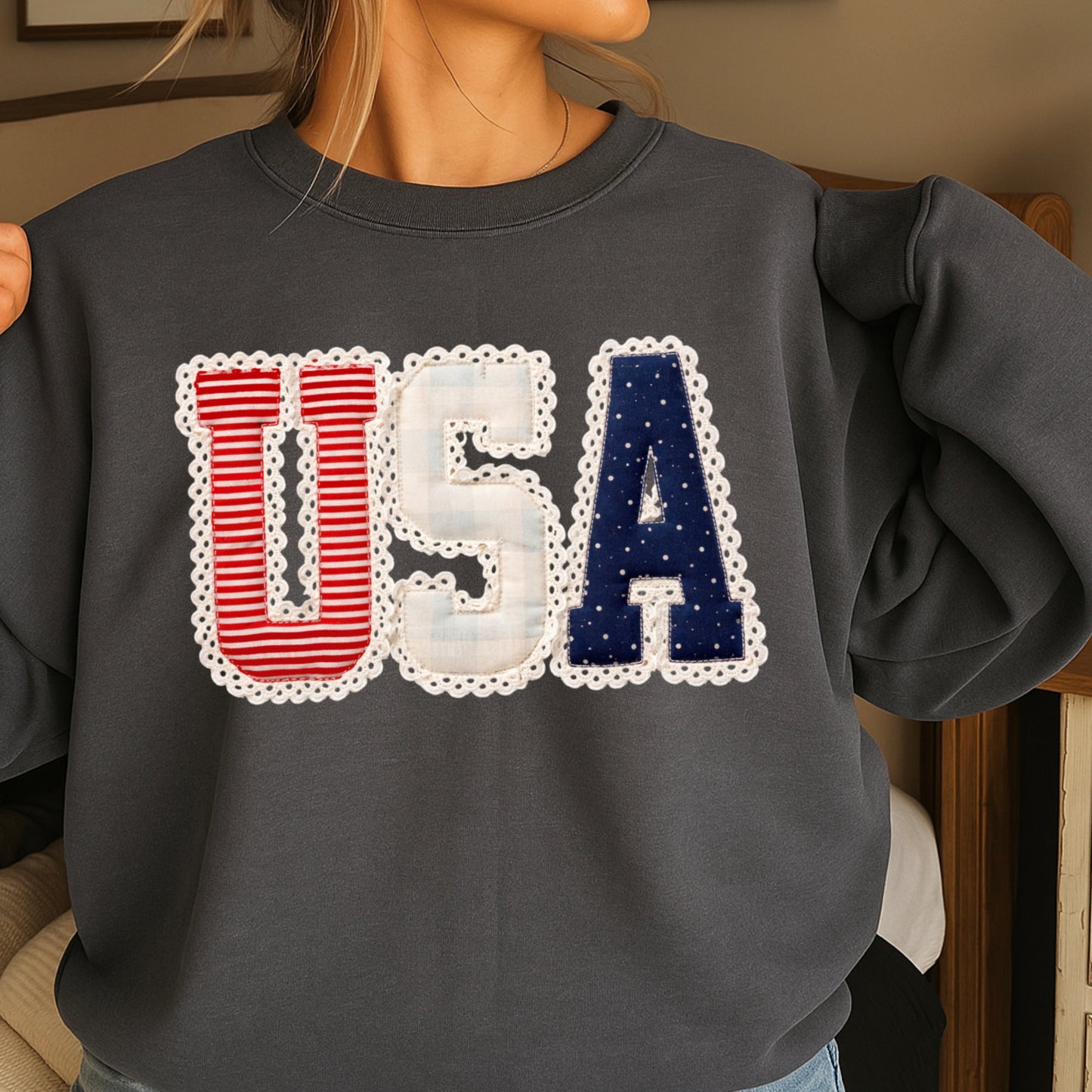 USA Quilted Lace Crewneck Sweatshirt
