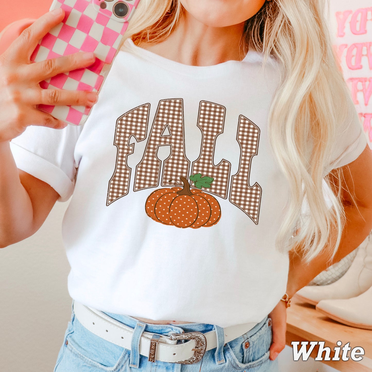 Gingham Fall Pumpkin Comfort Color Graphic Tee