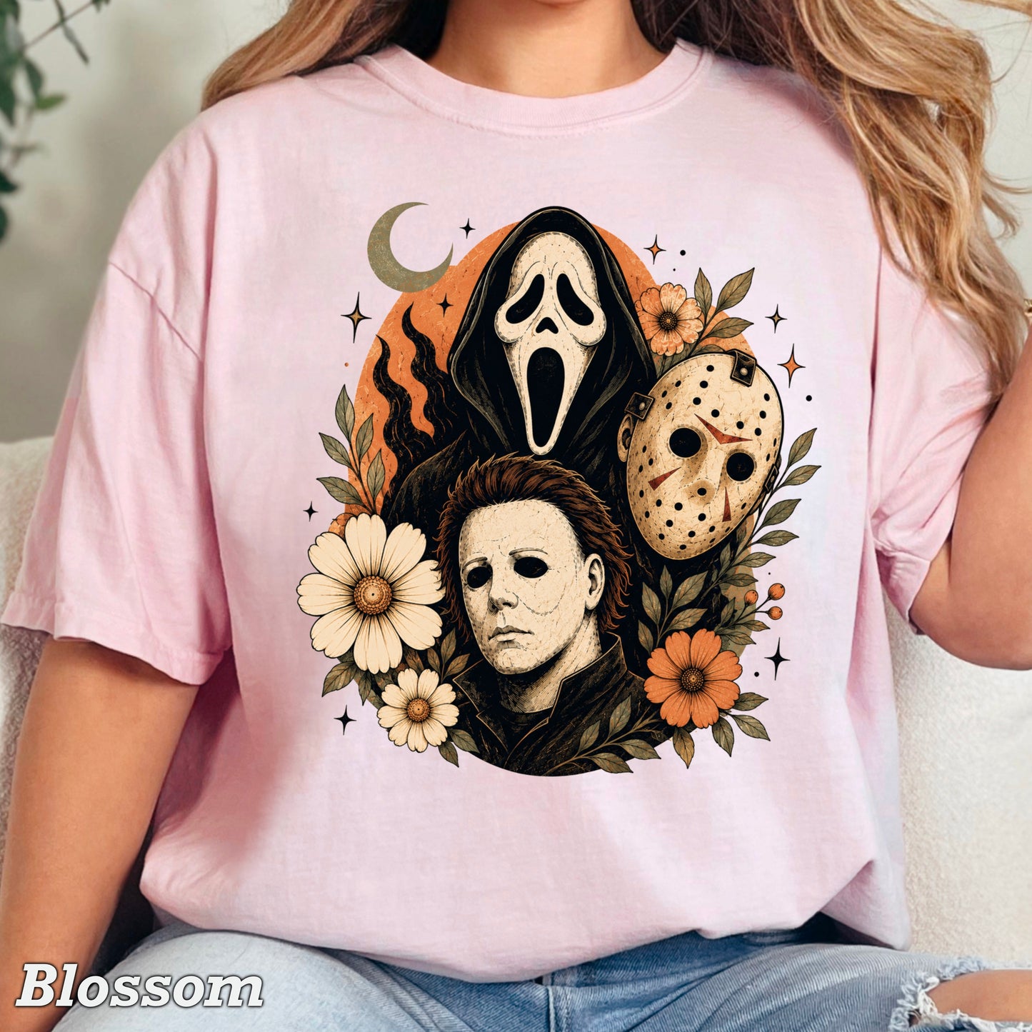 Floral Halloween Characters Comfort Color Graphic Tee