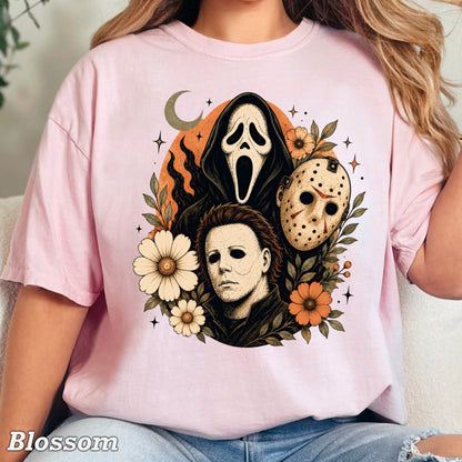Floral Halloween Characters Comfort Color Graphic Tee