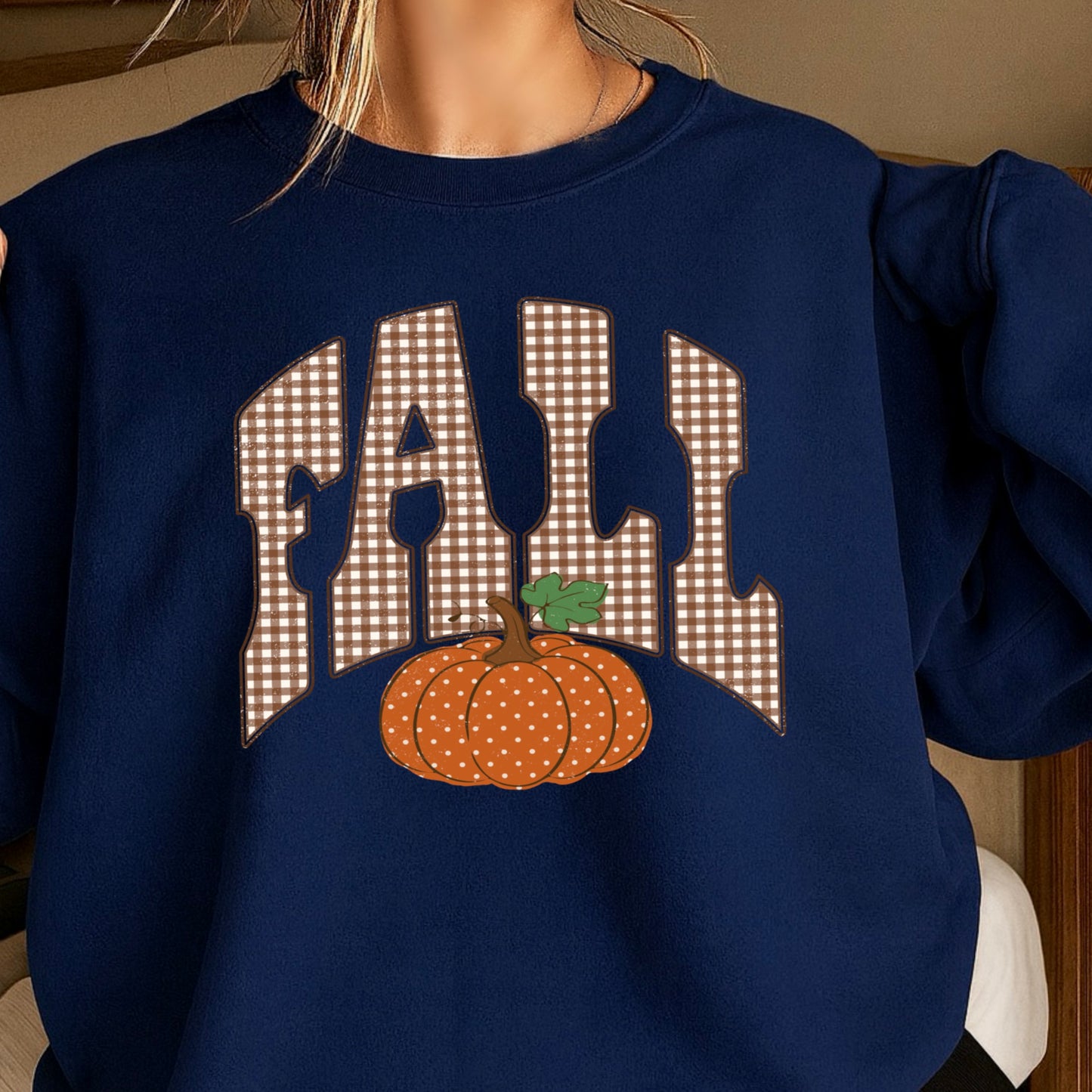 Fall Pumpkin Gingham Crewneck Sweatshirt