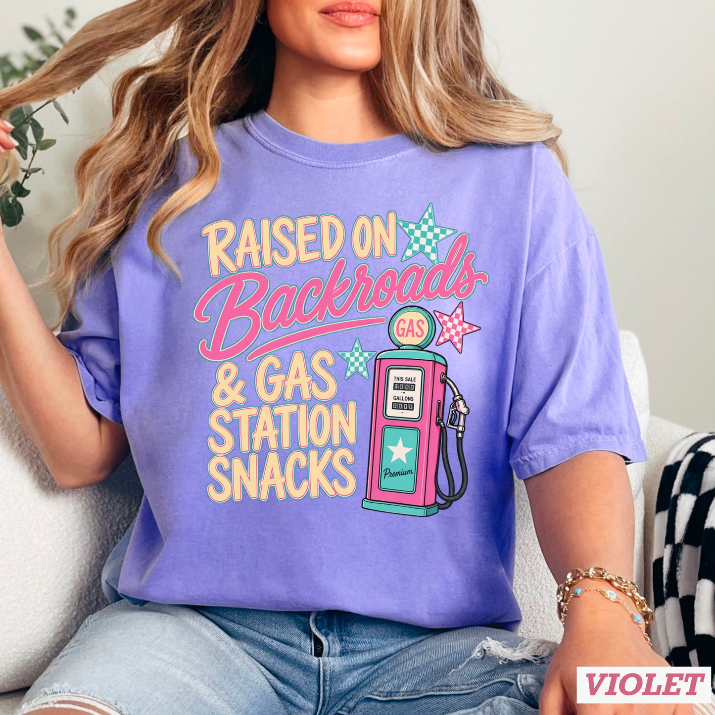 Raised On Backroads & Gas Station Snacks Comfort Color Graphic Tee