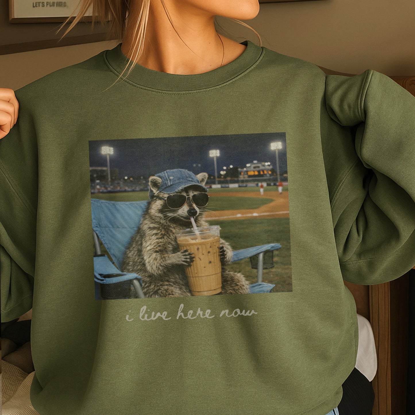 I Live Here Now Raccoon Baseball Crewneck Sweatshirt