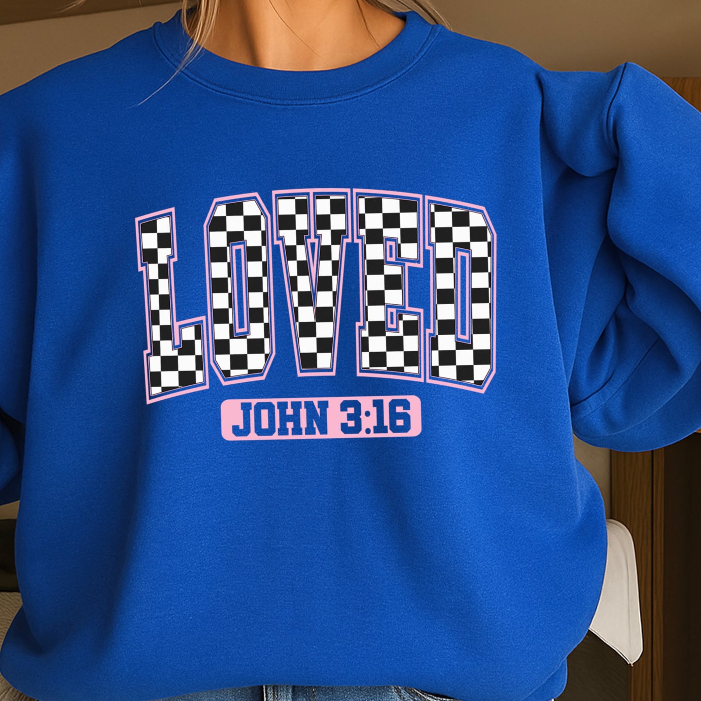 Checkered Loved John 3:16 Valentine’s Day Crewneck Sweatshirt