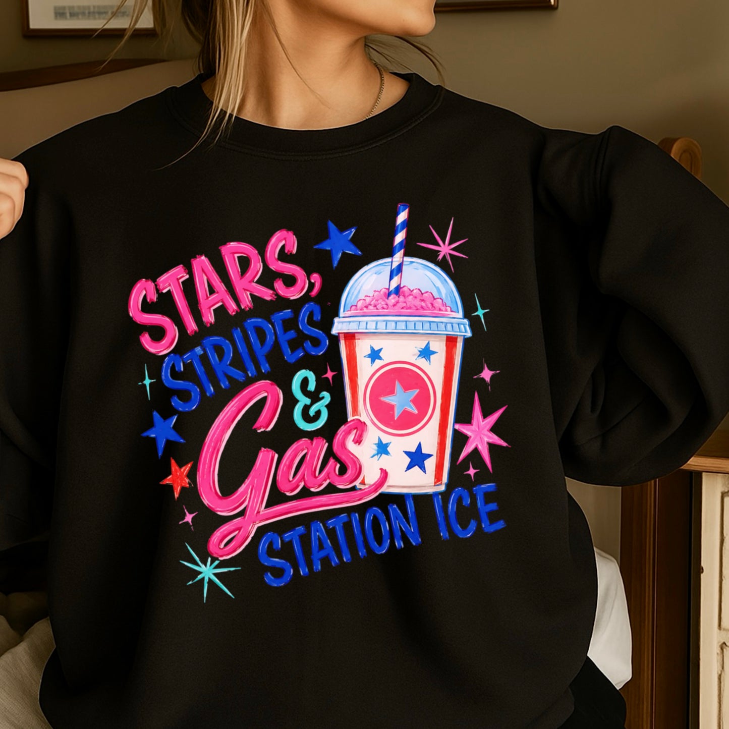 Stars Stripes And Gas Station Ice Crewneck Sweatshirt