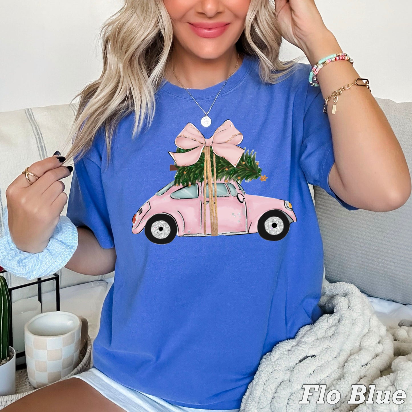 Pink Christmas Car Comfort Color Graphic Tee