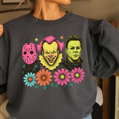 Floral Horror Film Characters Halloween Crewneck Sweatshirt