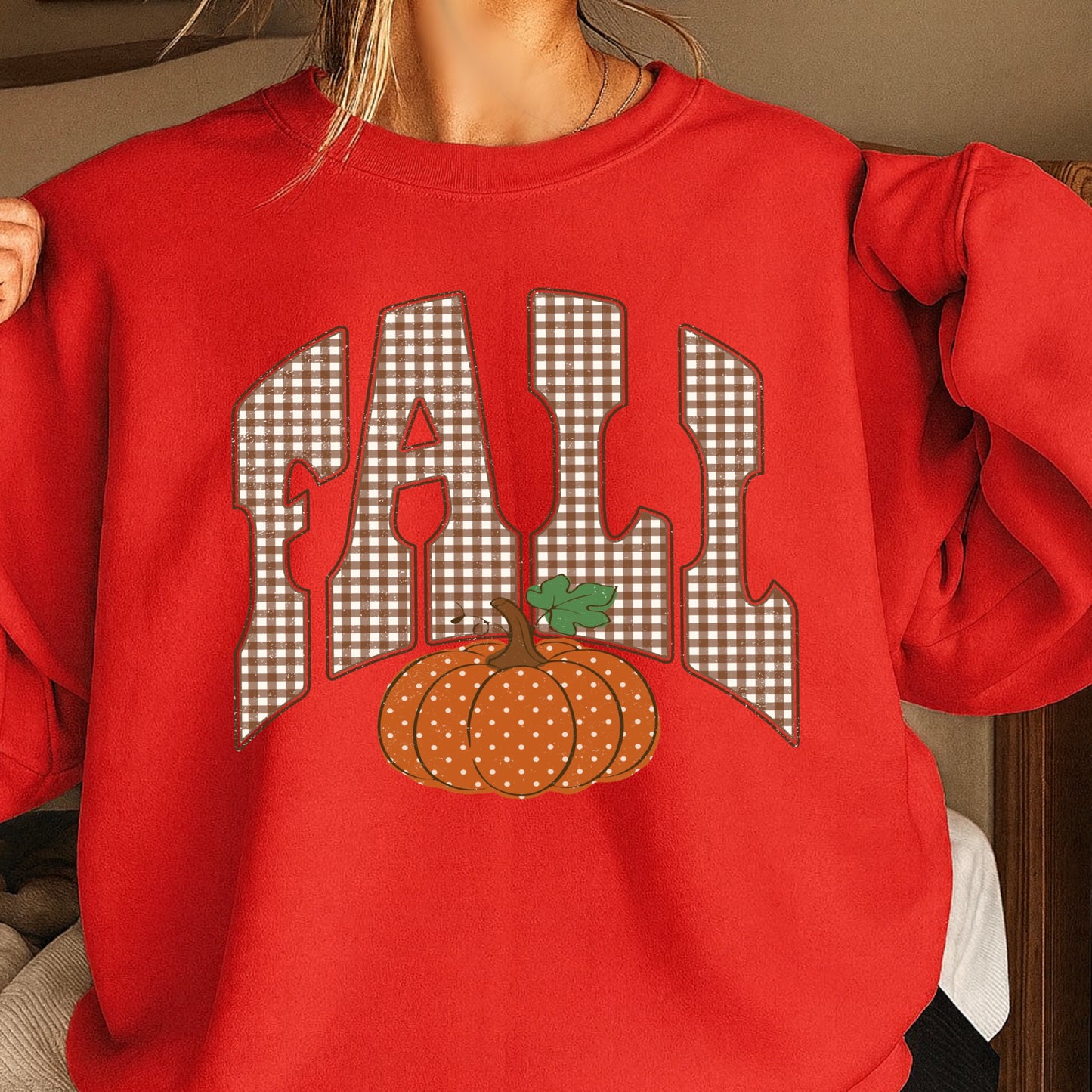 Fall Pumpkin Gingham Crewneck Sweatshirt