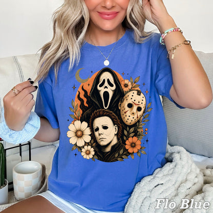 Floral Halloween Characters Comfort Color Graphic Tee
