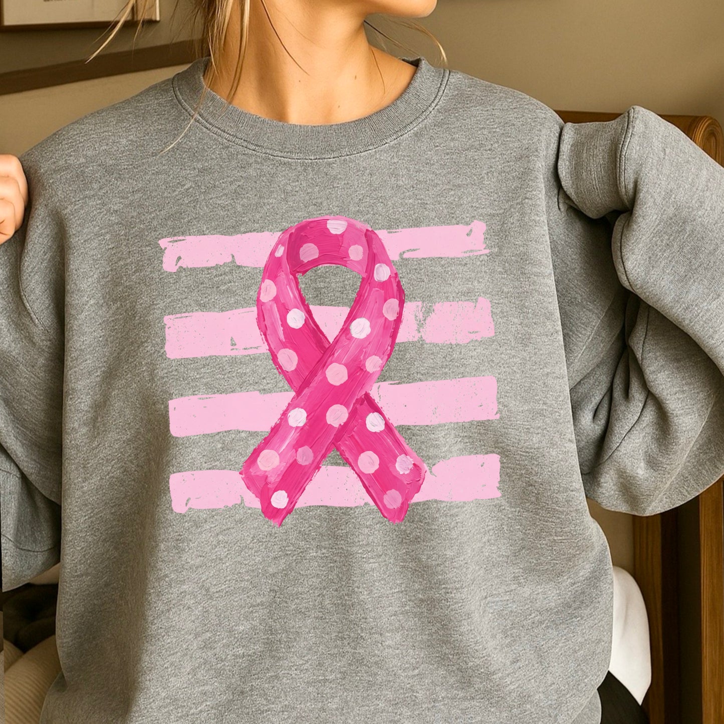 Polka Dot Cancer Awareness Ribbon Crewneck Sweatshirt
