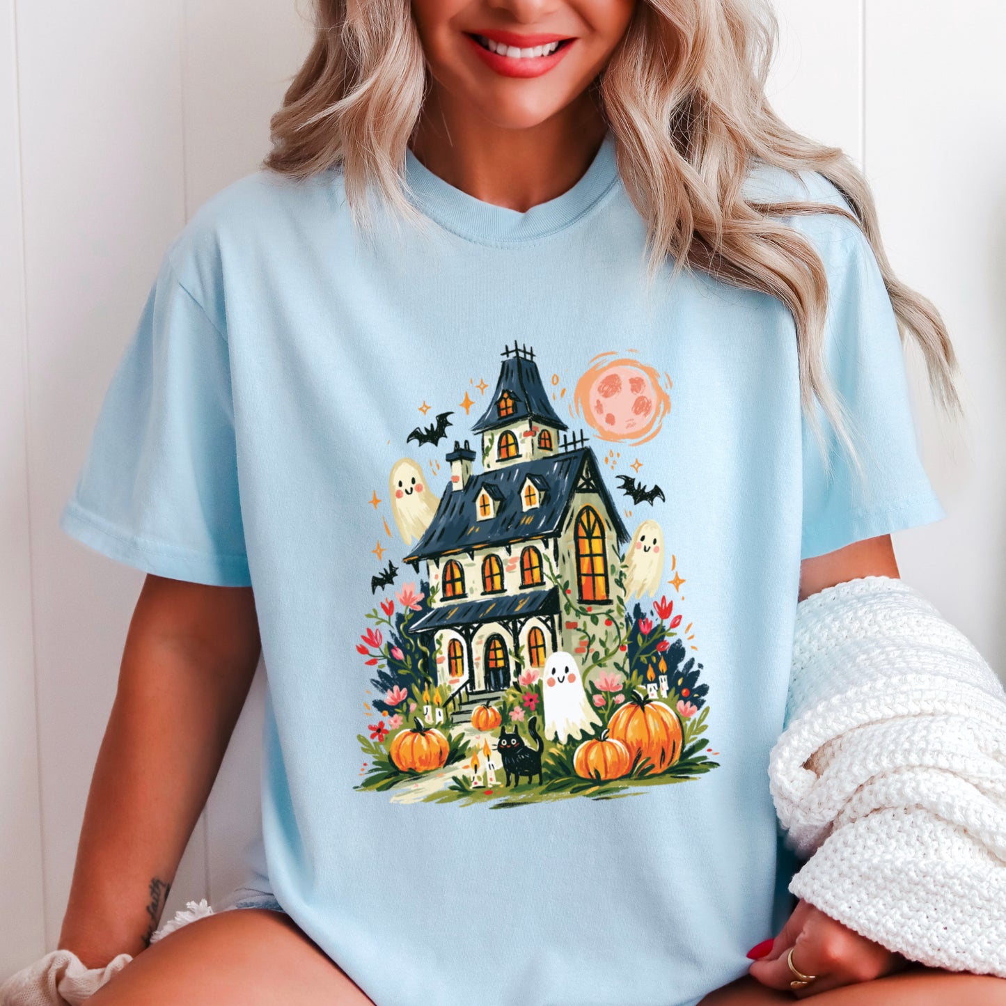 Haunted House Halloween Comfort Color Graphic Tee