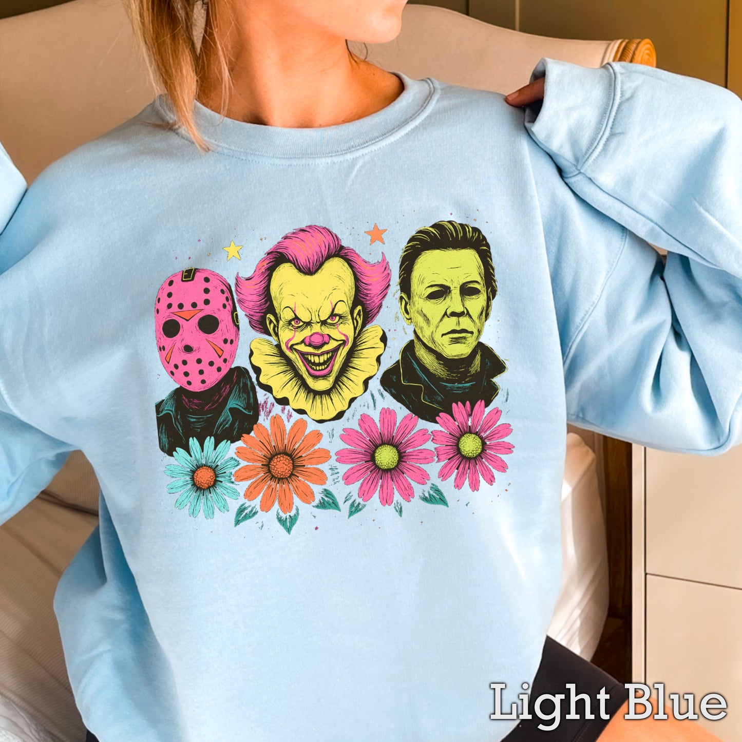 Floral Horror Film Characters Halloween Crewneck Sweatshirt