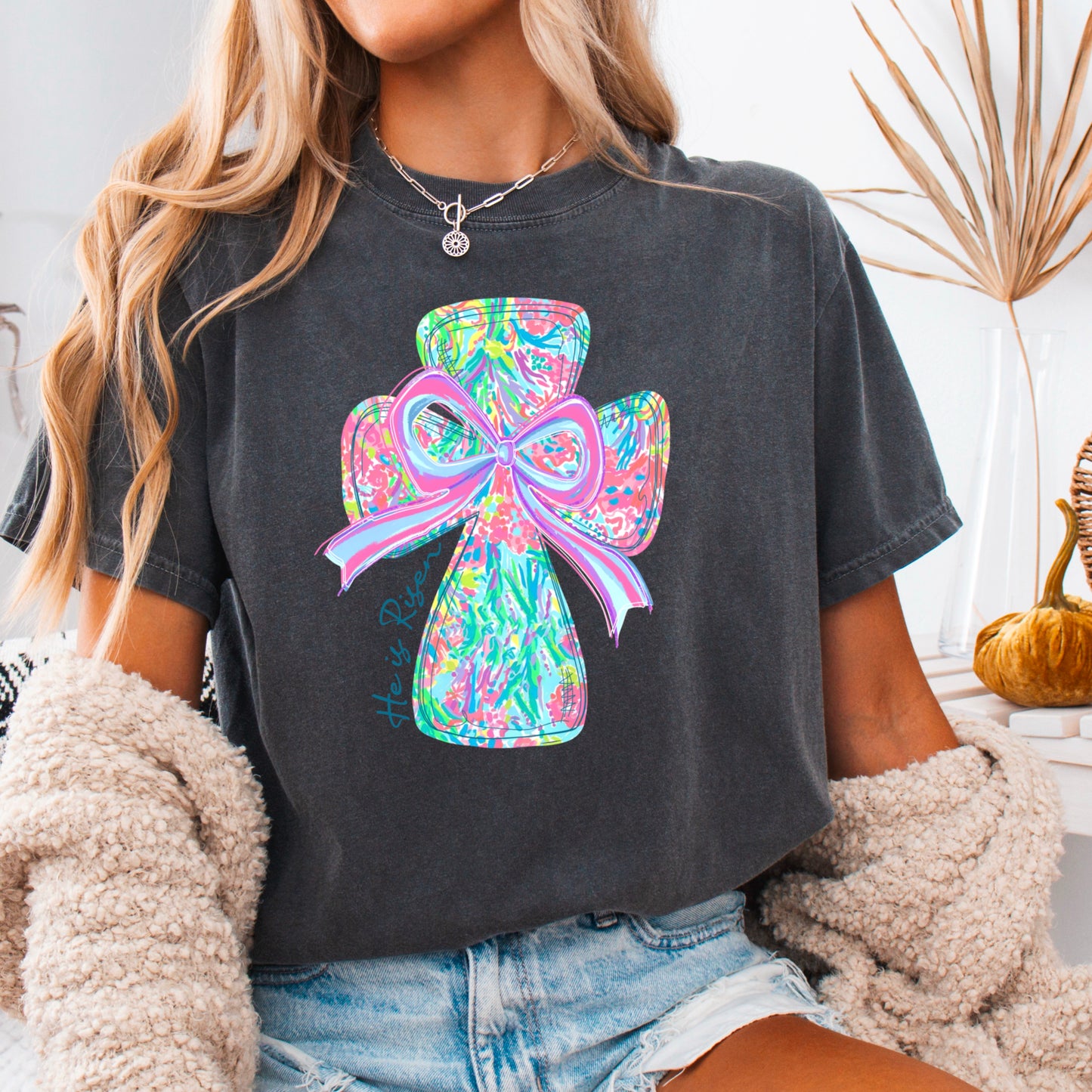 He Is Risen Cross Easter Comfort Color Graphic Tee