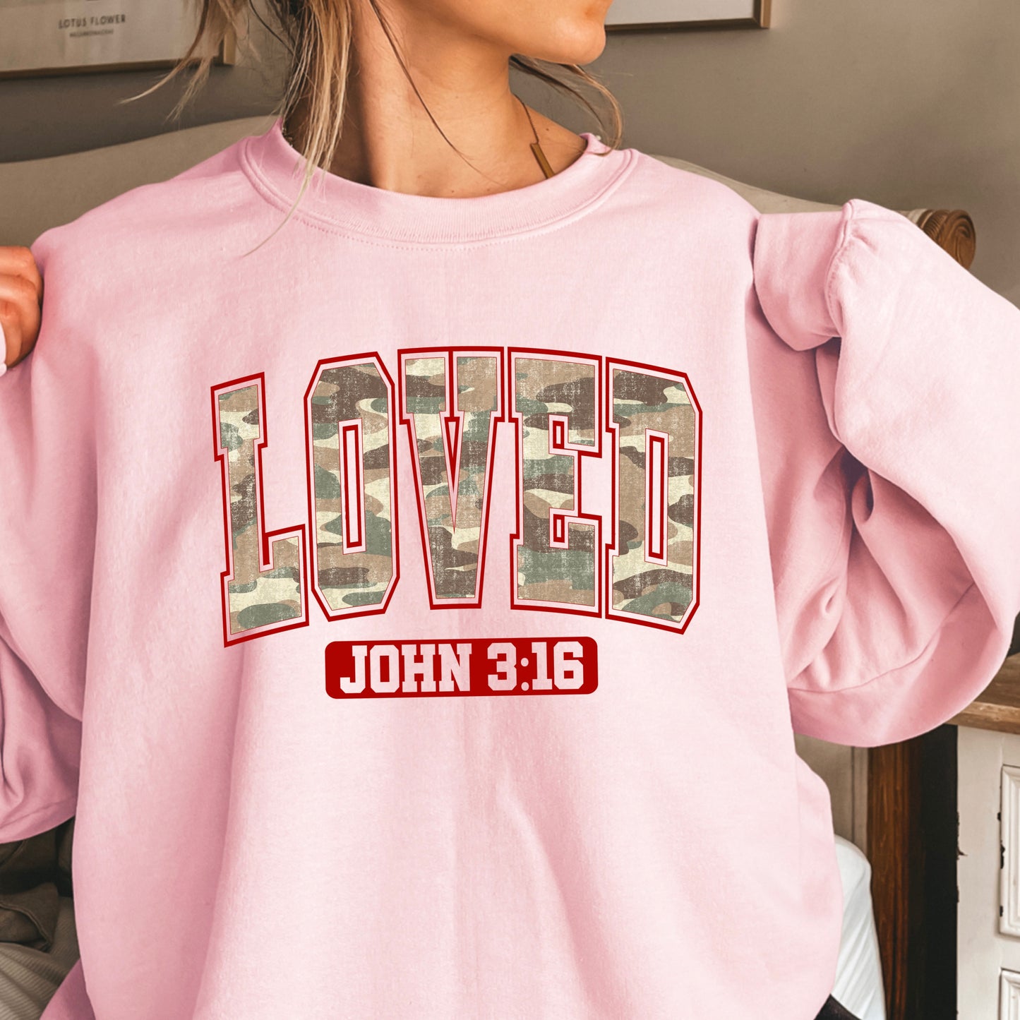 Camo Loved John 3:16 Valentine’s Day Crewneck Sweatshirt