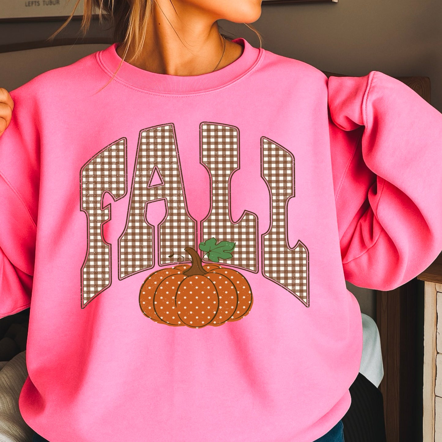 Fall Pumpkin Gingham Crewneck Sweatshirt