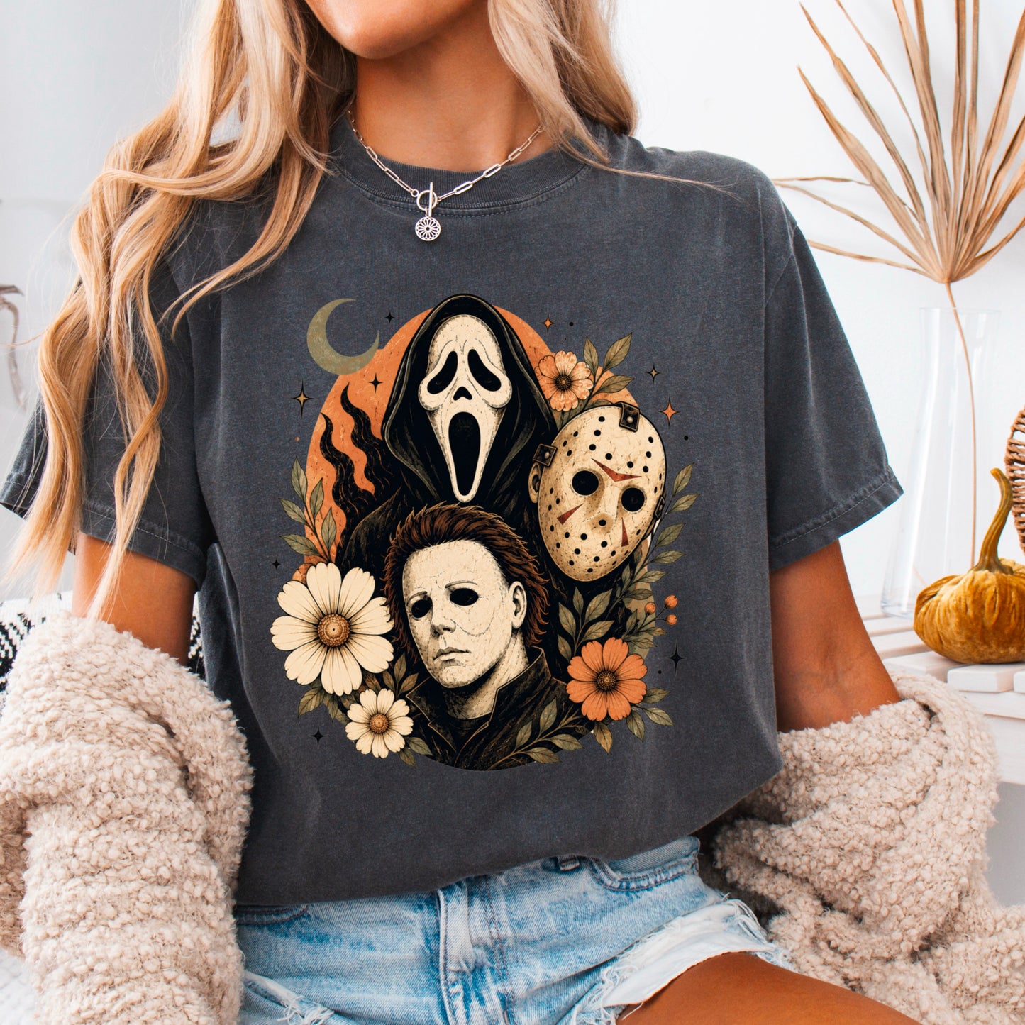 Floral Halloween Characters Comfort Color Graphic Tee