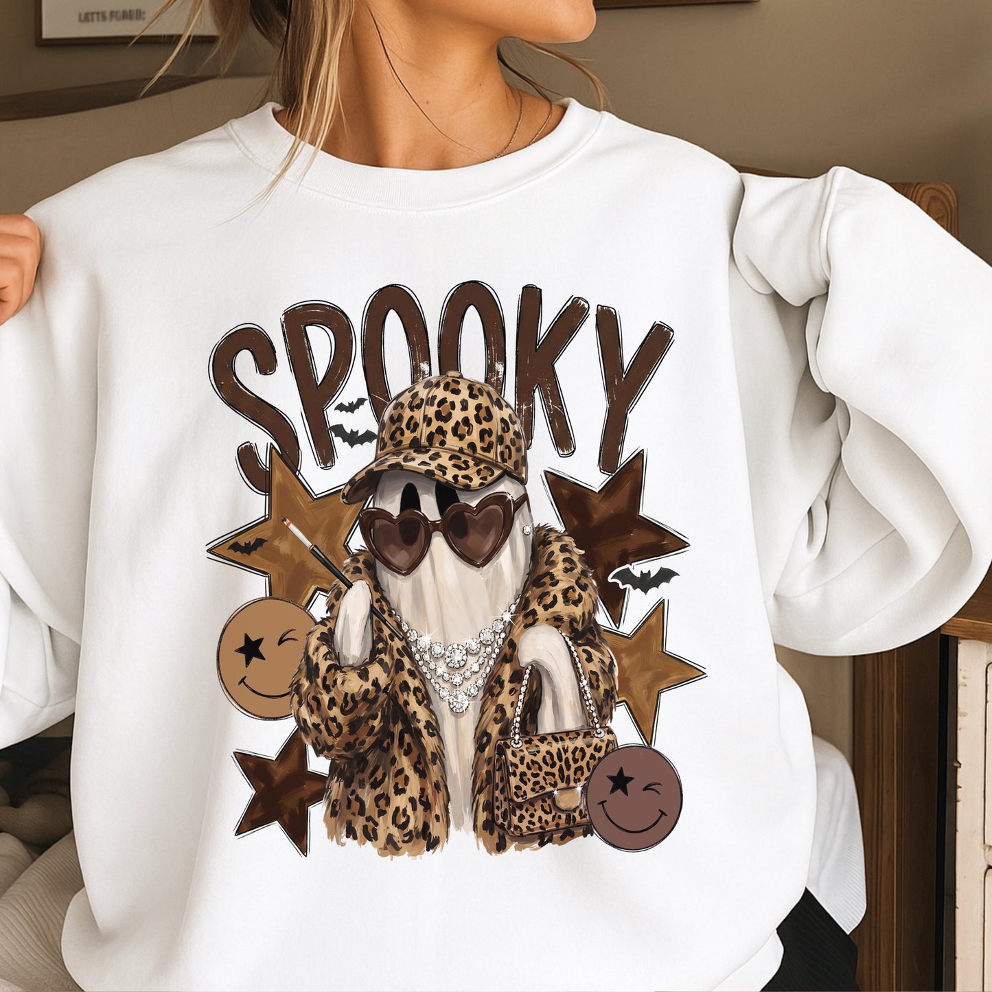 Leopard Spooky Ghost Crewneck Sweatshirt