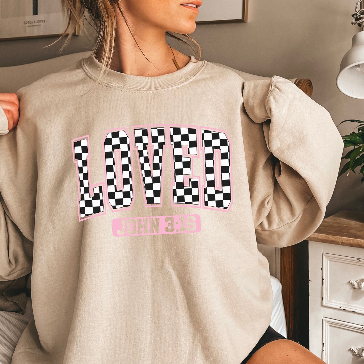 Checkered Loved John 3:16 Valentine’s Day Crewneck Sweatshirt