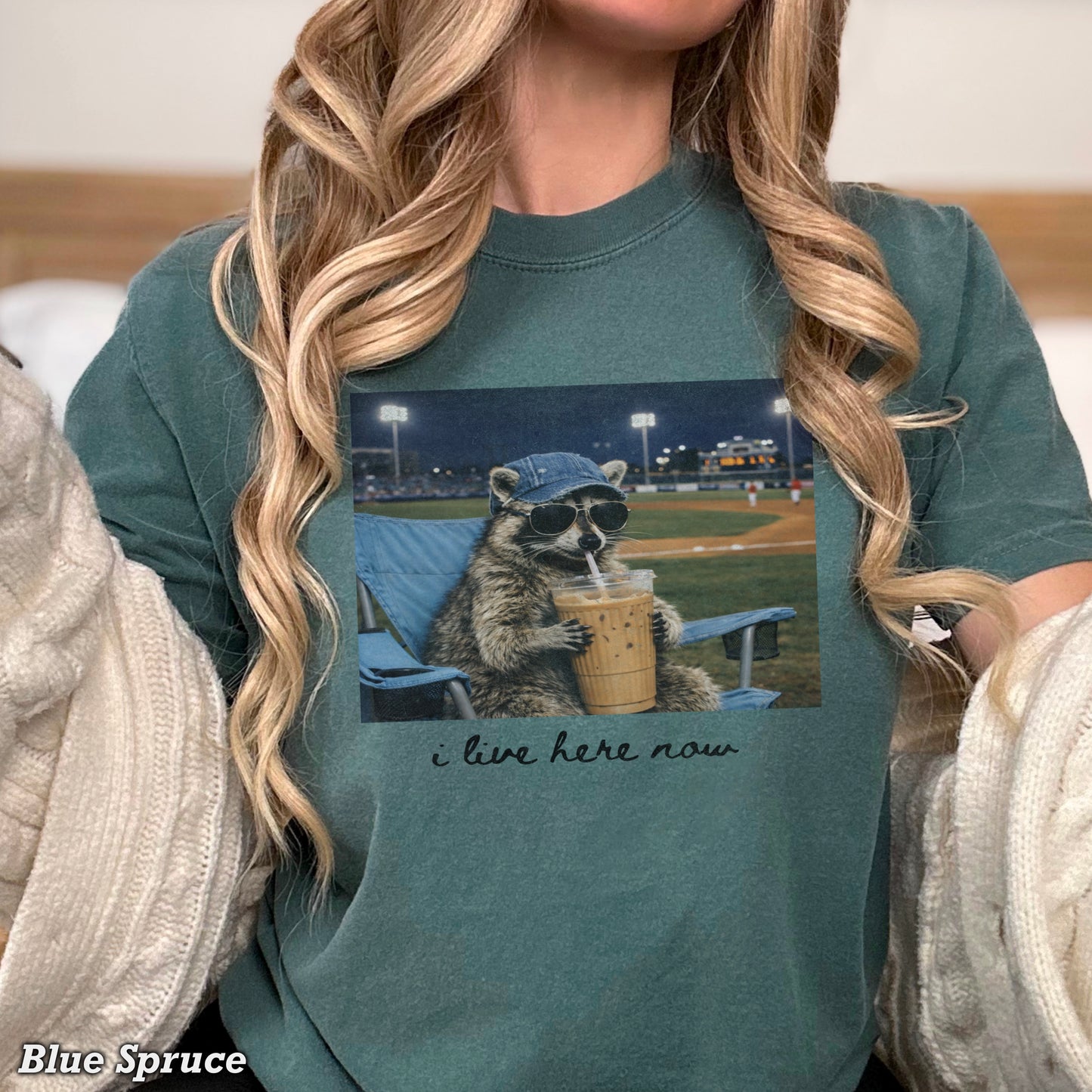 I Live Here Now Raccoon Baseball Comfort Color Graphic Tee