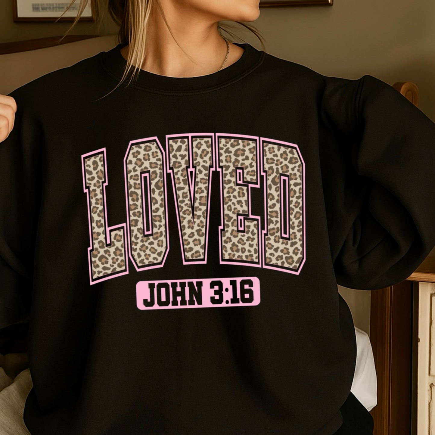 Leopard Loved John 3:16 Valentine’s Day Crewneck Sweatshirt