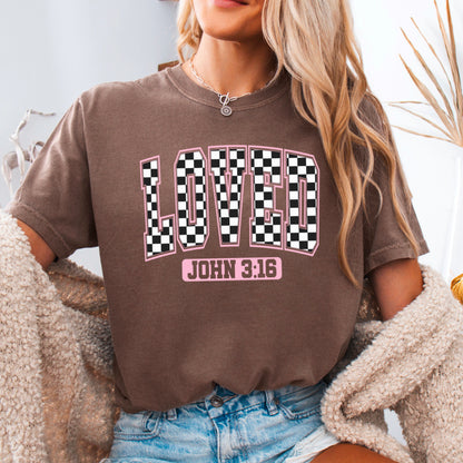 Checkered Loved John 3:16 Valentine’s Day Comfort Color Graphic Tee