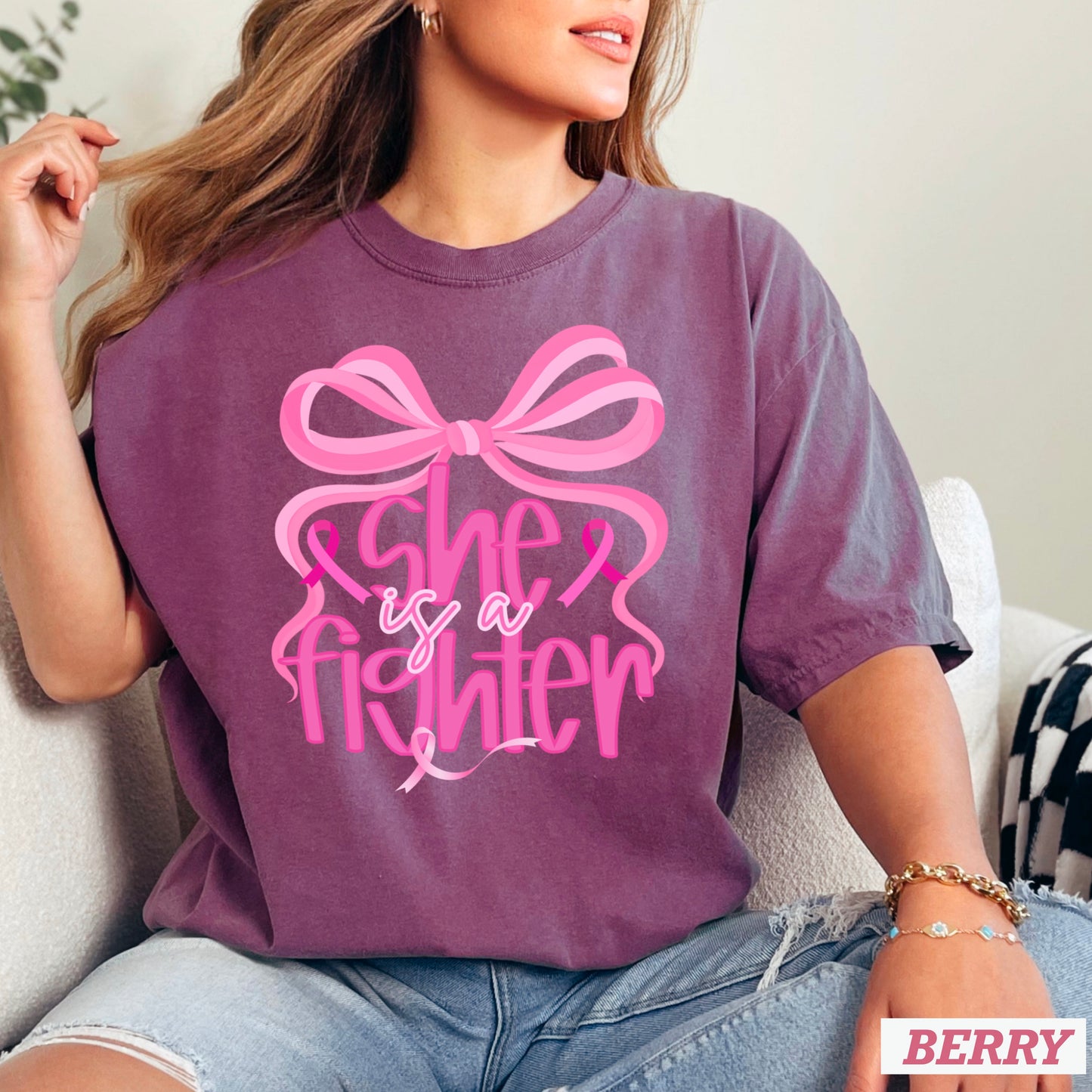 She Is A Fighter Breast Cancer Comfort Color Graphic Tee
