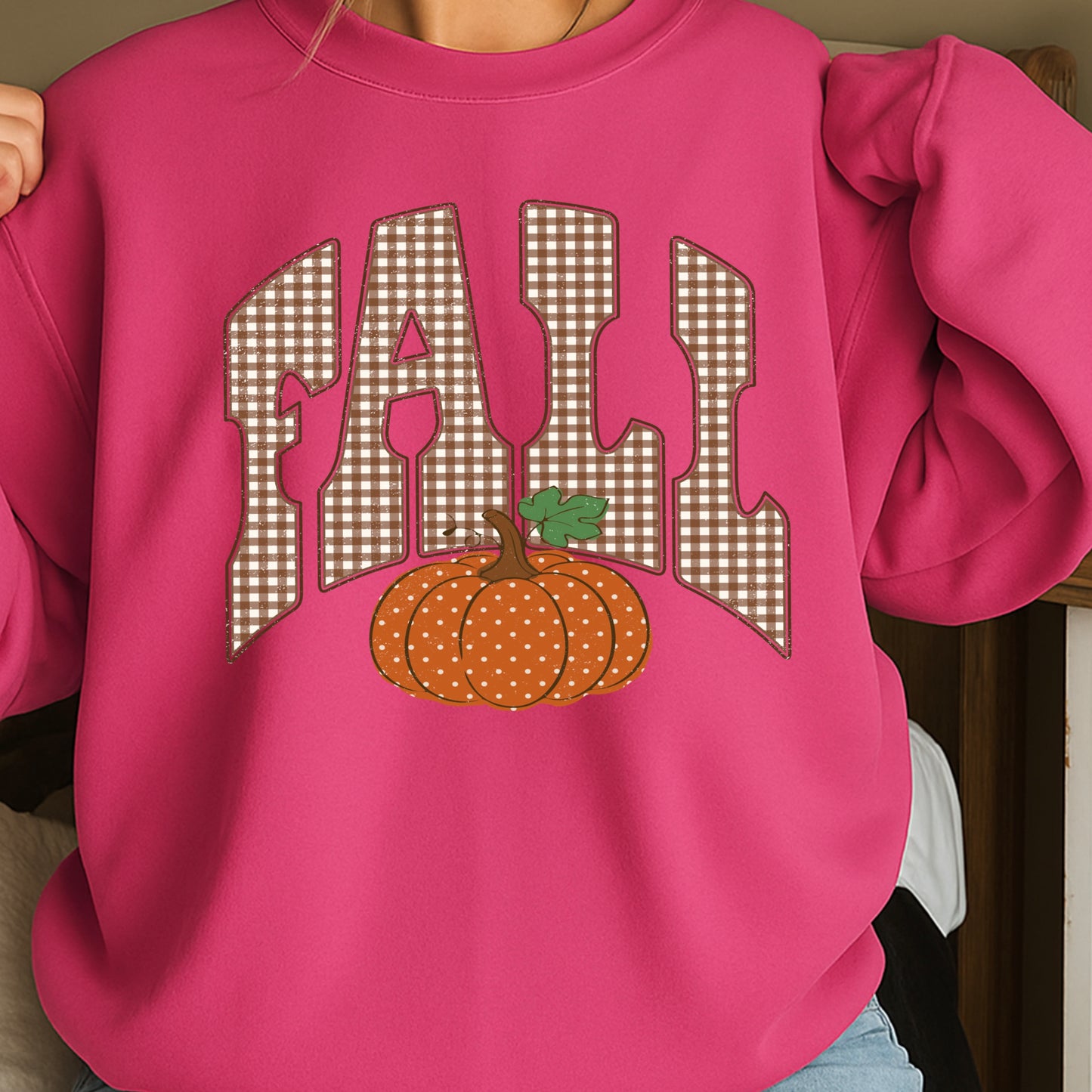 Fall Pumpkin Gingham Crewneck Sweatshirt