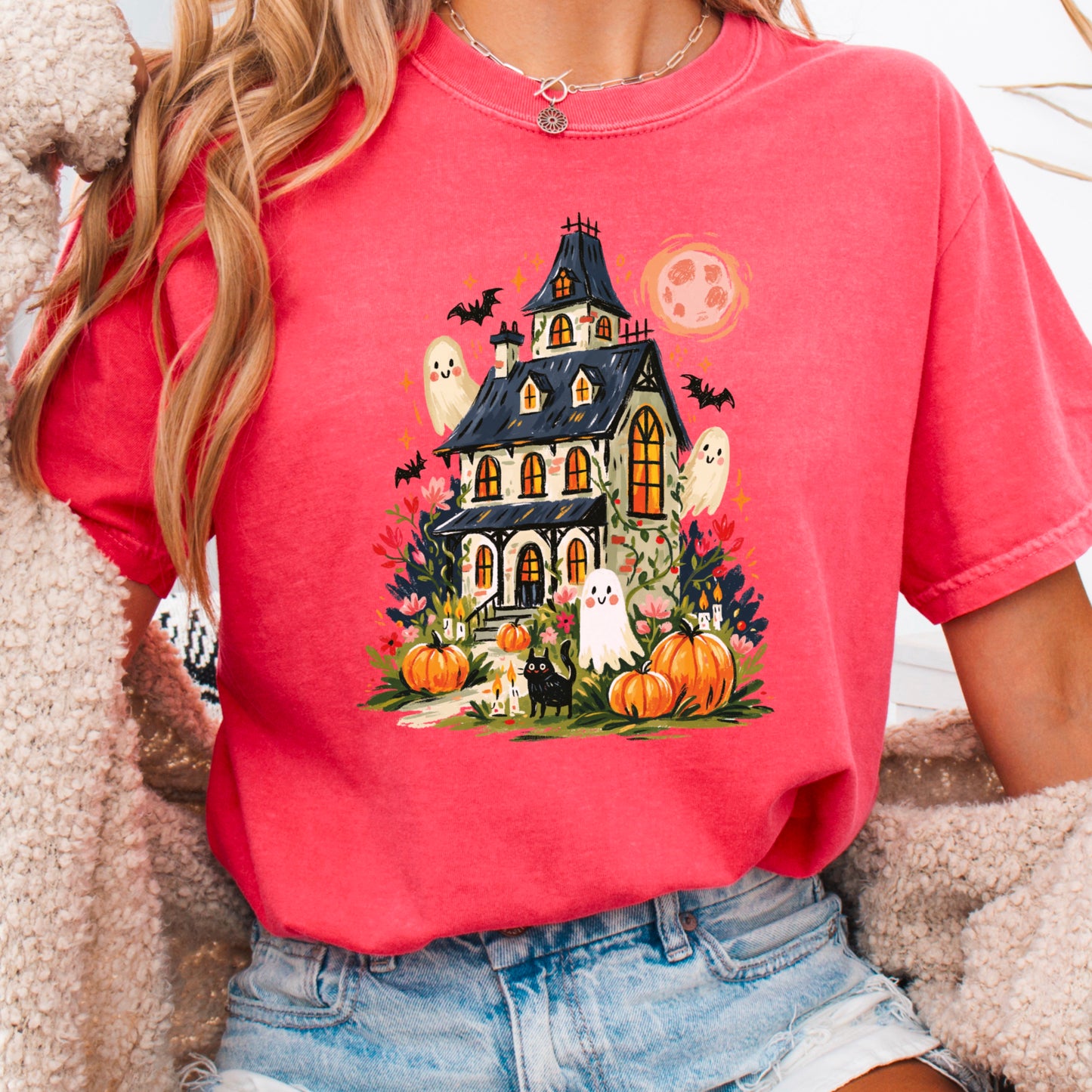 Haunted House Halloween Comfort Color Graphic Tee