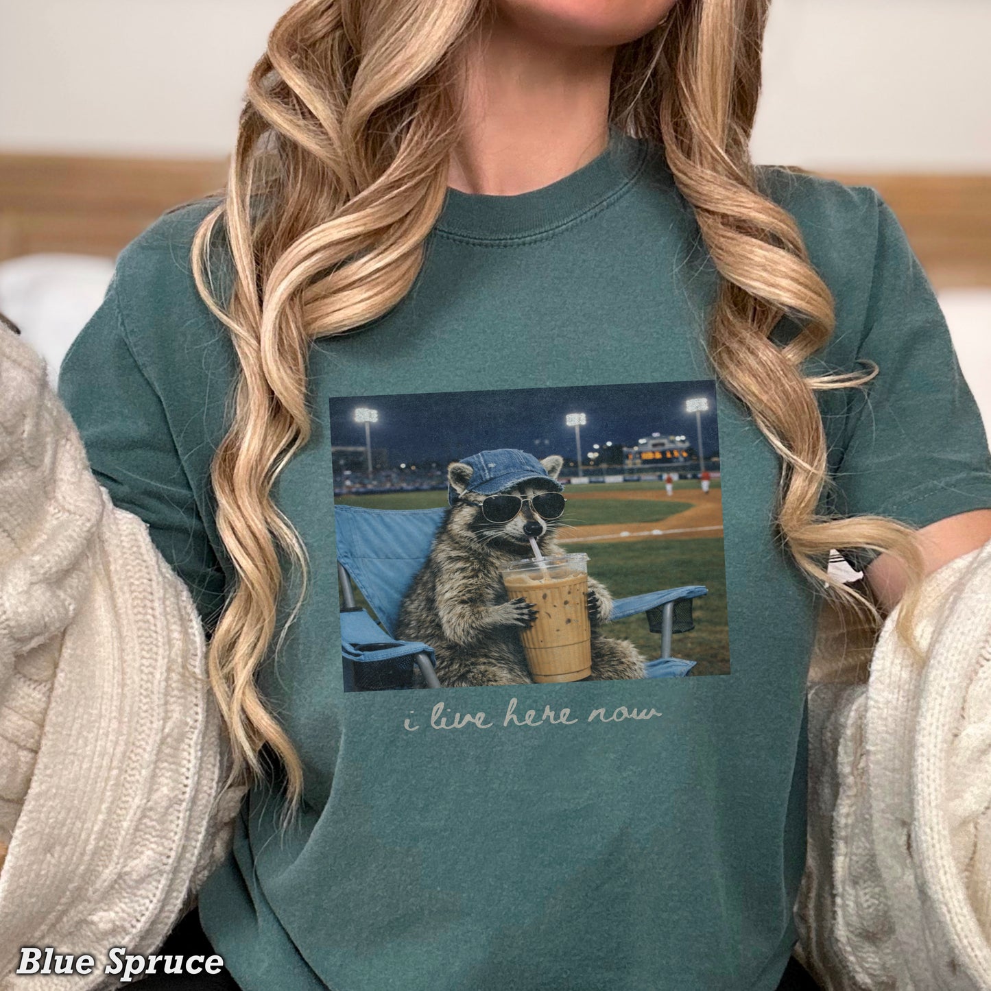 I Live Here Now Raccoon Baseball Comfort Color Graphic Tee