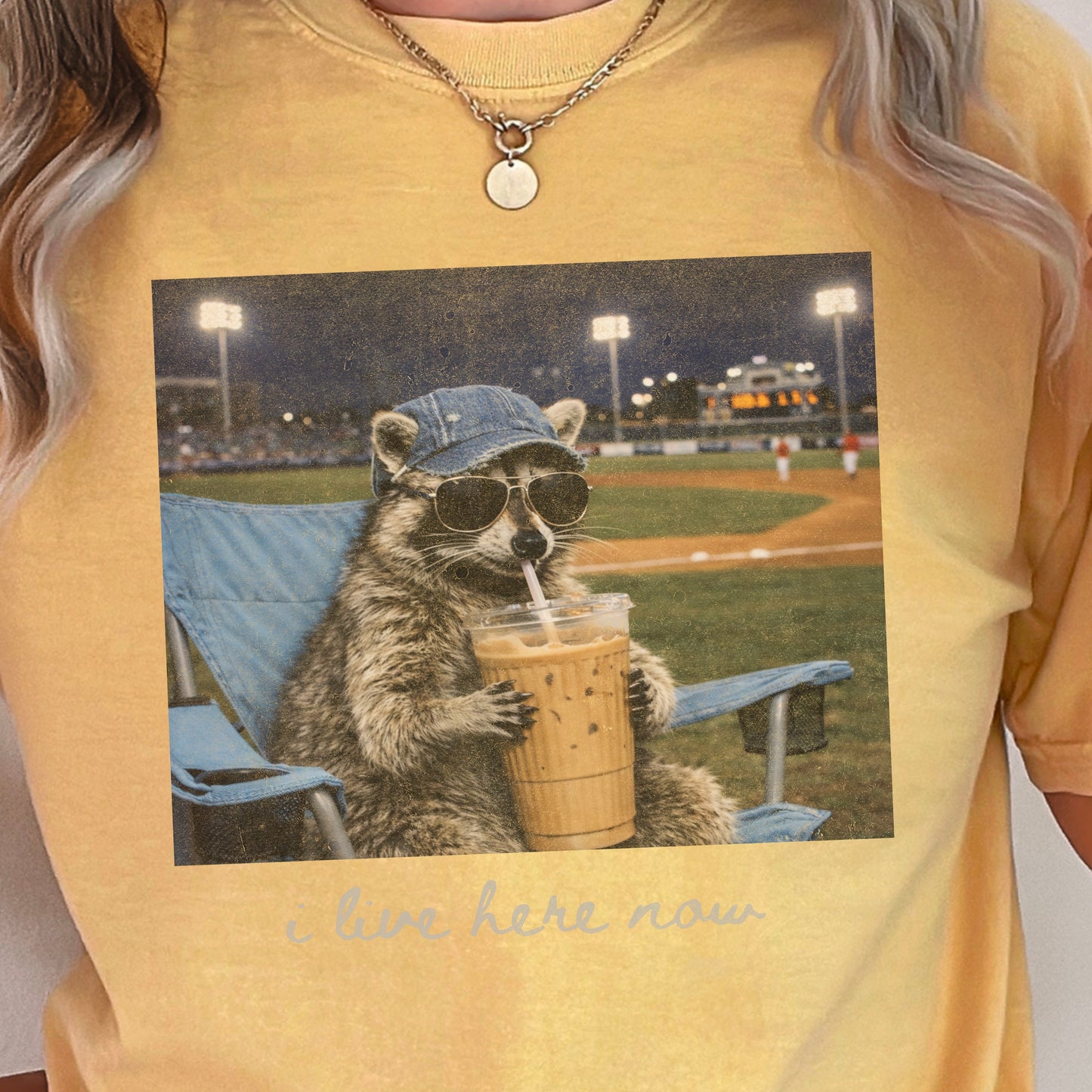 I Live Here Now Raccoon Baseball Comfort Color Graphic Tee
