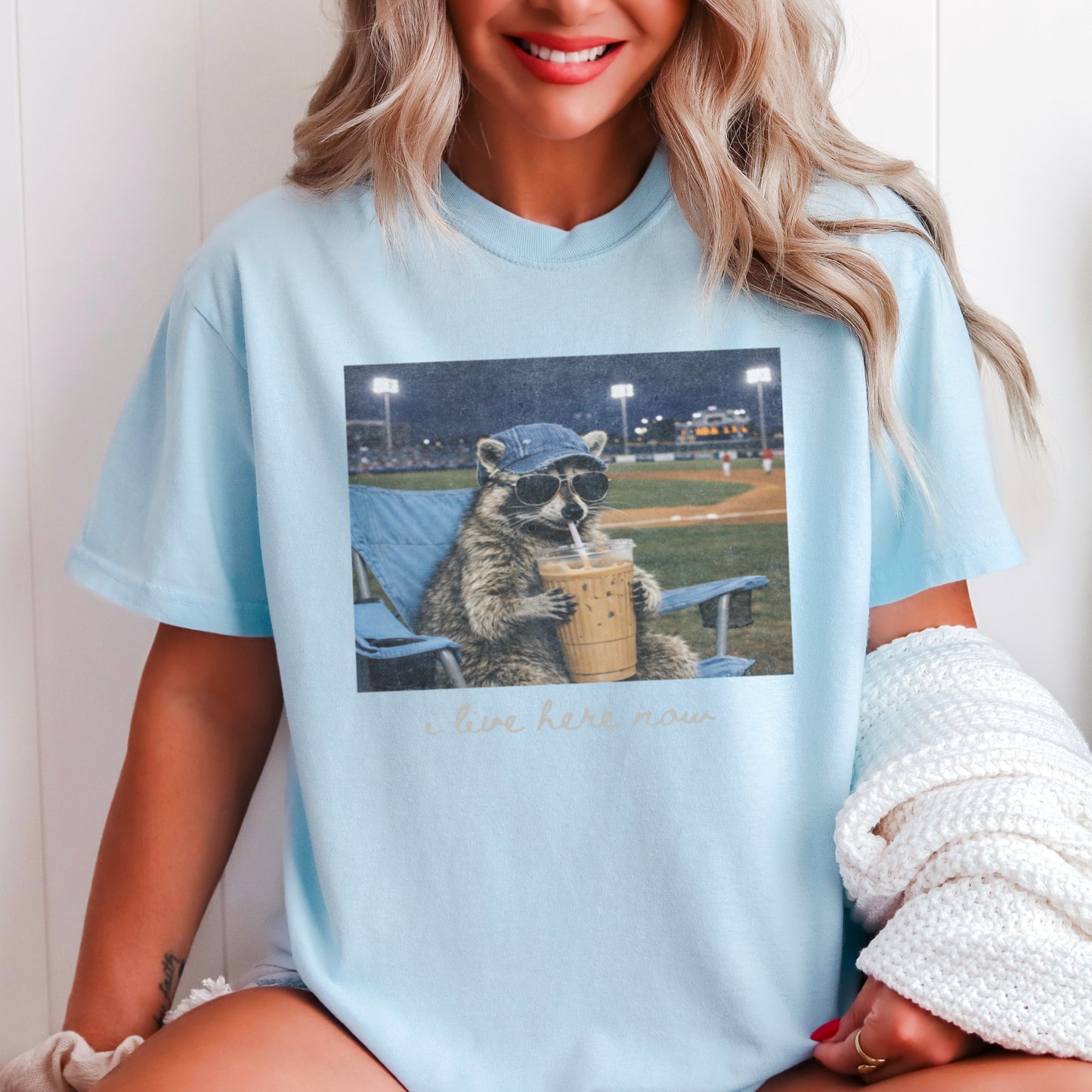 I Live Here Now Raccoon Baseball Comfort Color Graphic Tee