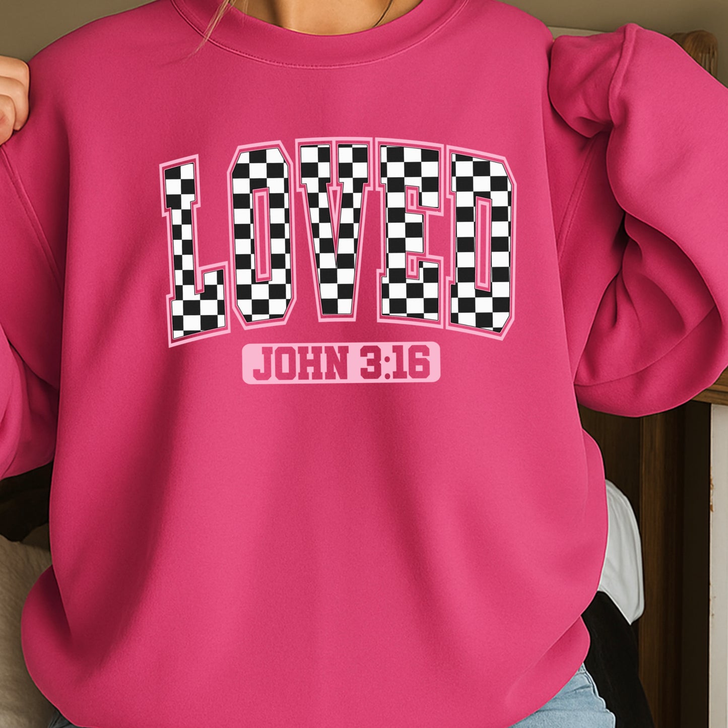 Checkered Loved John 3:16 Valentine’s Day Crewneck Sweatshirt
