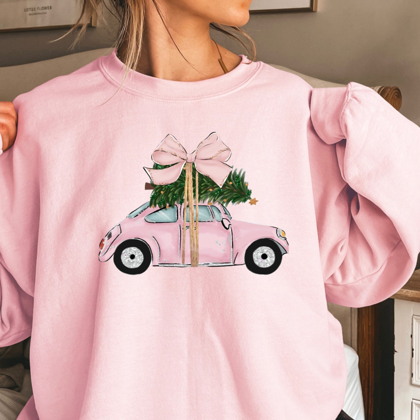 Pink Christmas Car Crewneck Sweatshirt