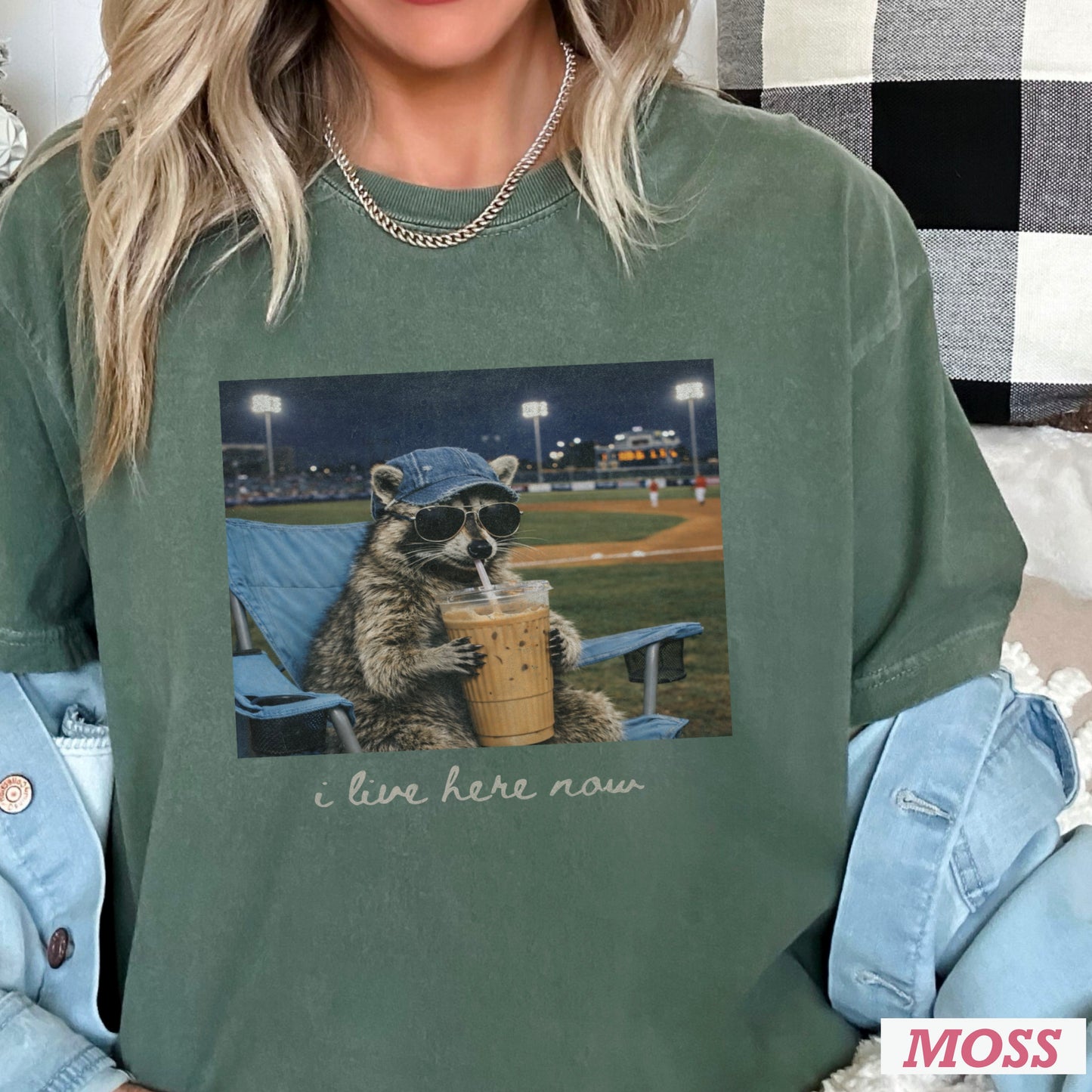 I Live Here Now Raccoon Baseball Comfort Color Graphic Tee