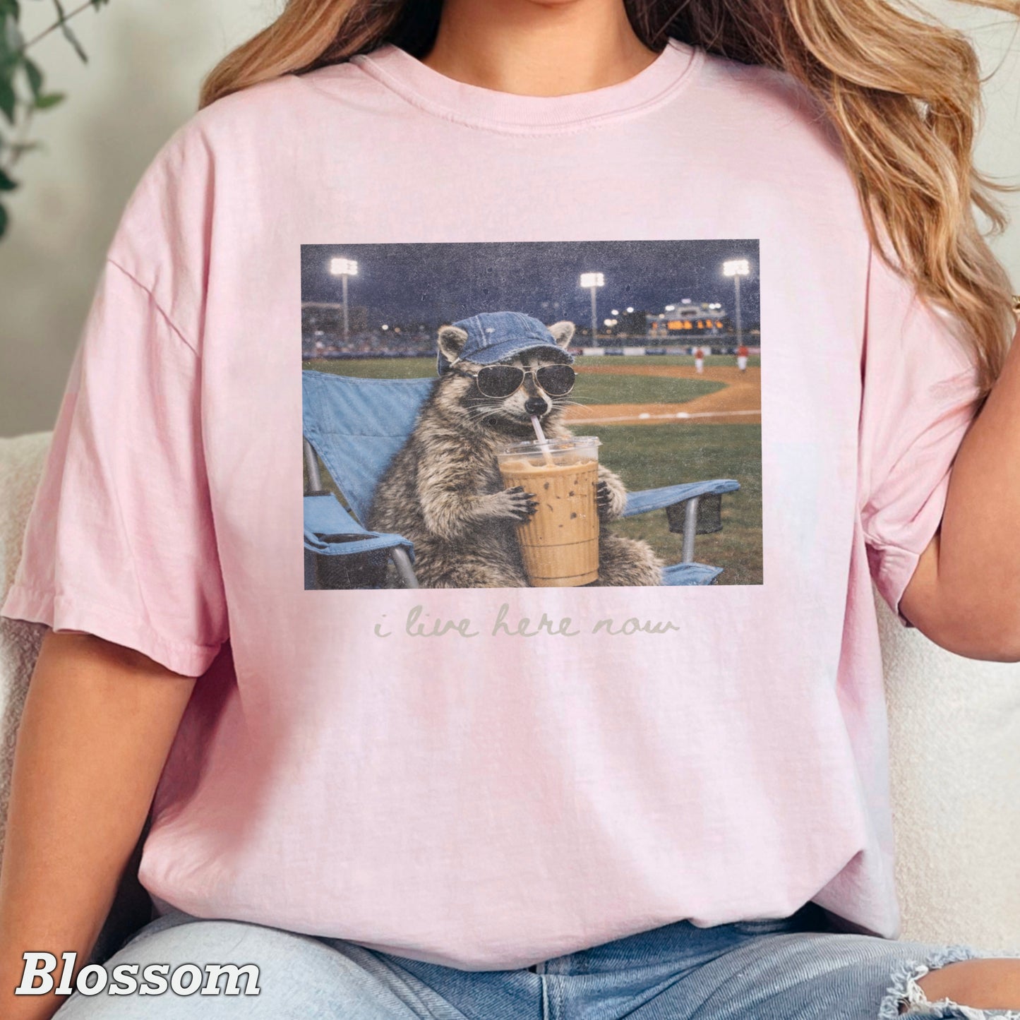 I Live Here Now Raccoon Baseball Comfort Color Graphic Tee