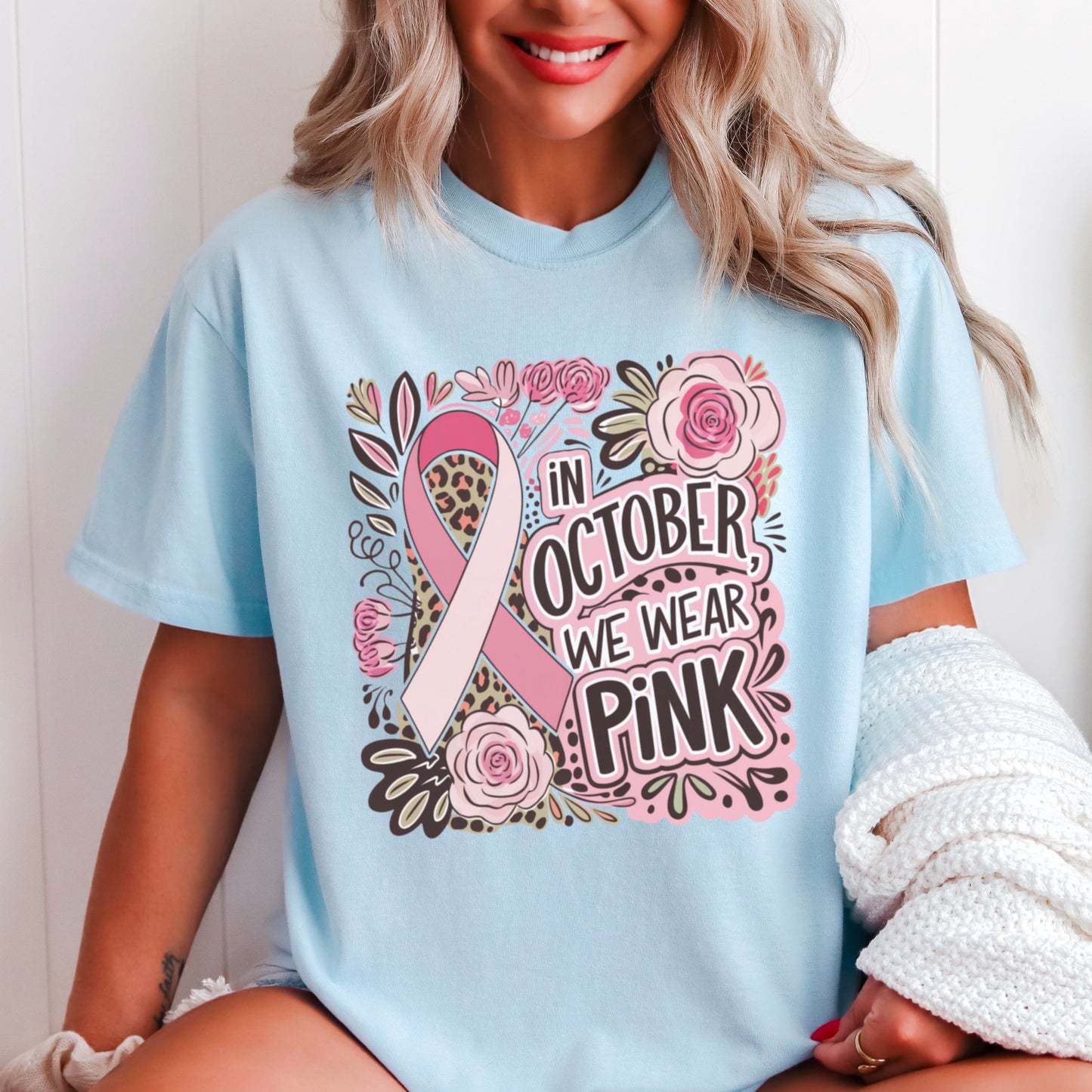 In October We Wear Pink Cancer Comfort Color Graphic Tee