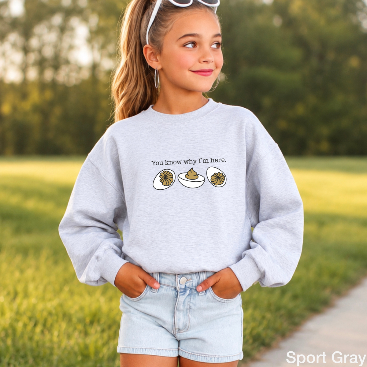 Deviled Eggs You Know Why I'm Here Youth Crewneck Sweatshirt