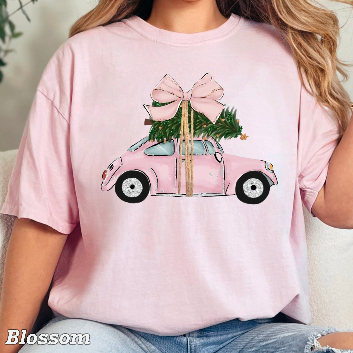 Pink Christmas Car Comfort Color Graphic Tee