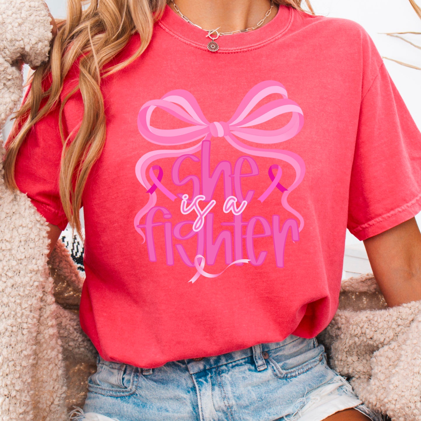 She Is A Fighter Breast Cancer Comfort Color Graphic Tee
