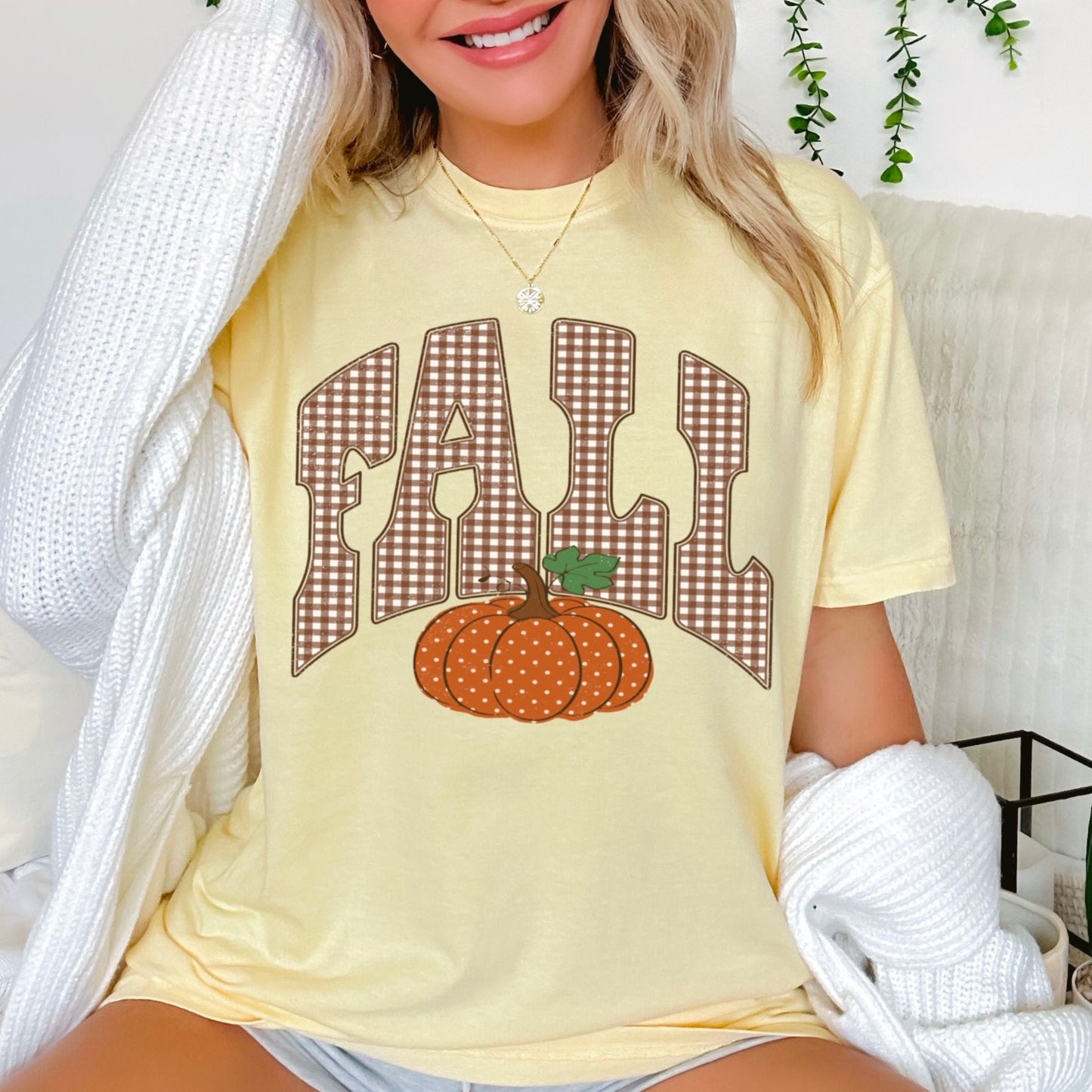 Gingham Fall Pumpkin Comfort Color Graphic Tee