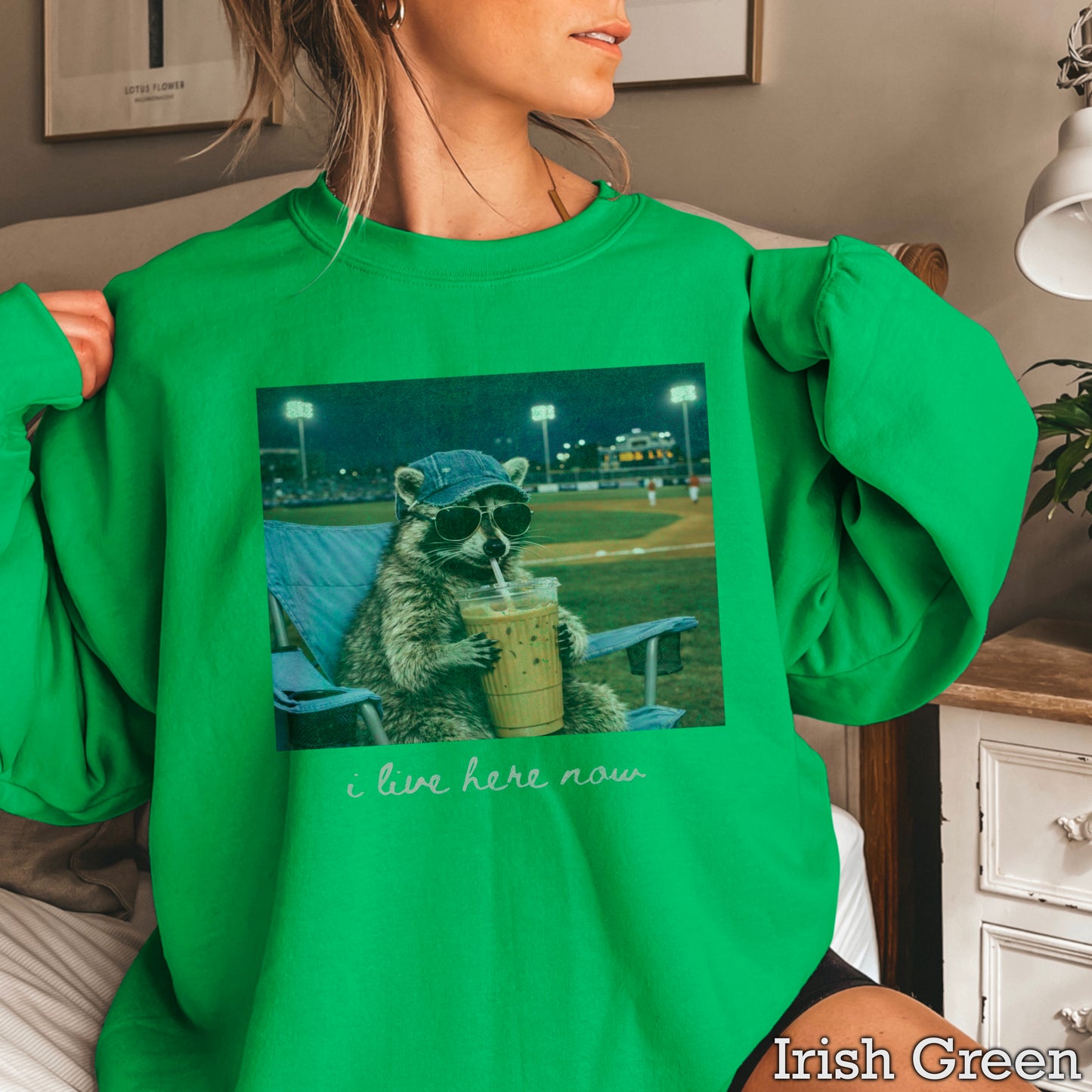 I Live Here Now Raccoon Baseball Crewneck Sweatshirt