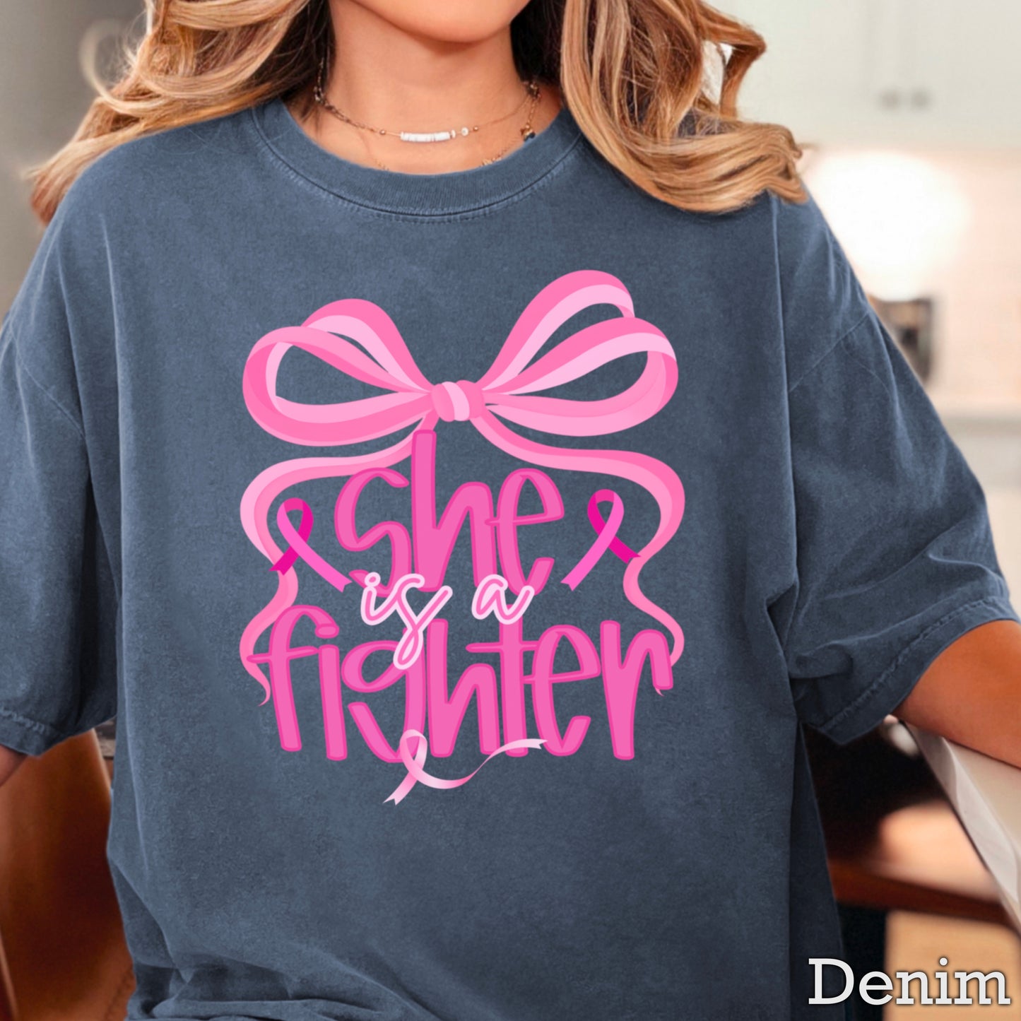 She Is A Fighter Breast Cancer Comfort Color Graphic Tee