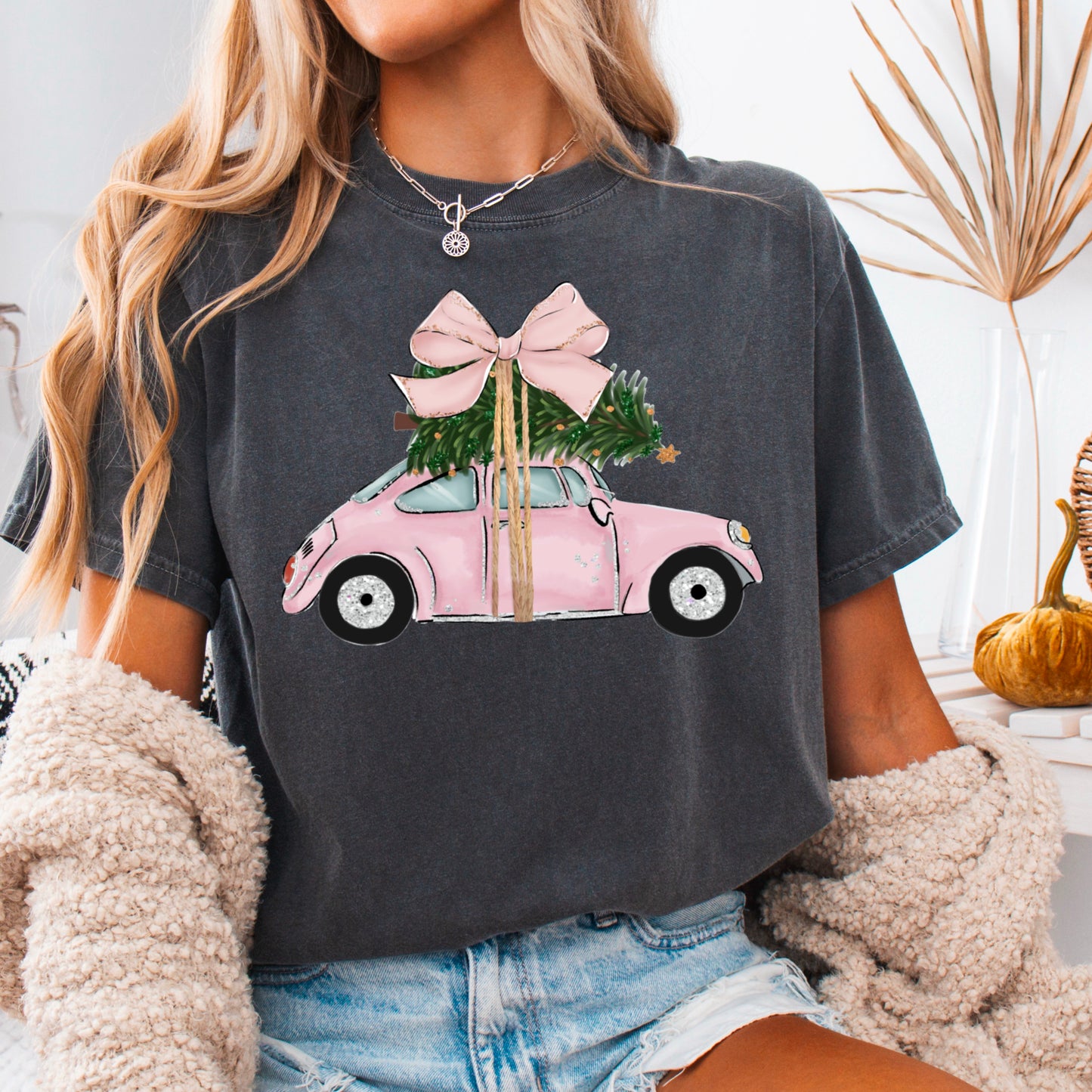 Pink Christmas Car Comfort Color Graphic Tee
