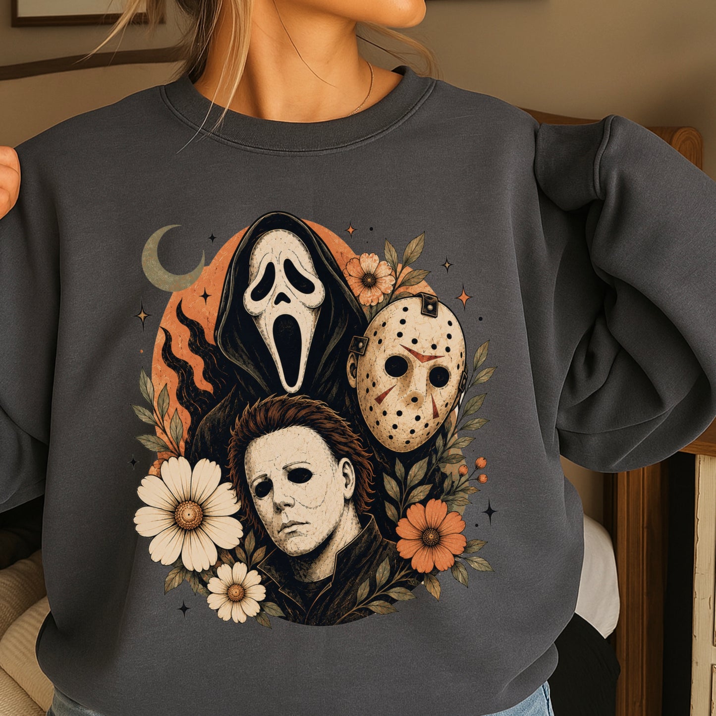 Floral Halloween Characters Crewneck Sweatshirt