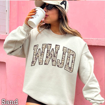 WWJD Camo Christian Graphic Crewneck Sweatshirt