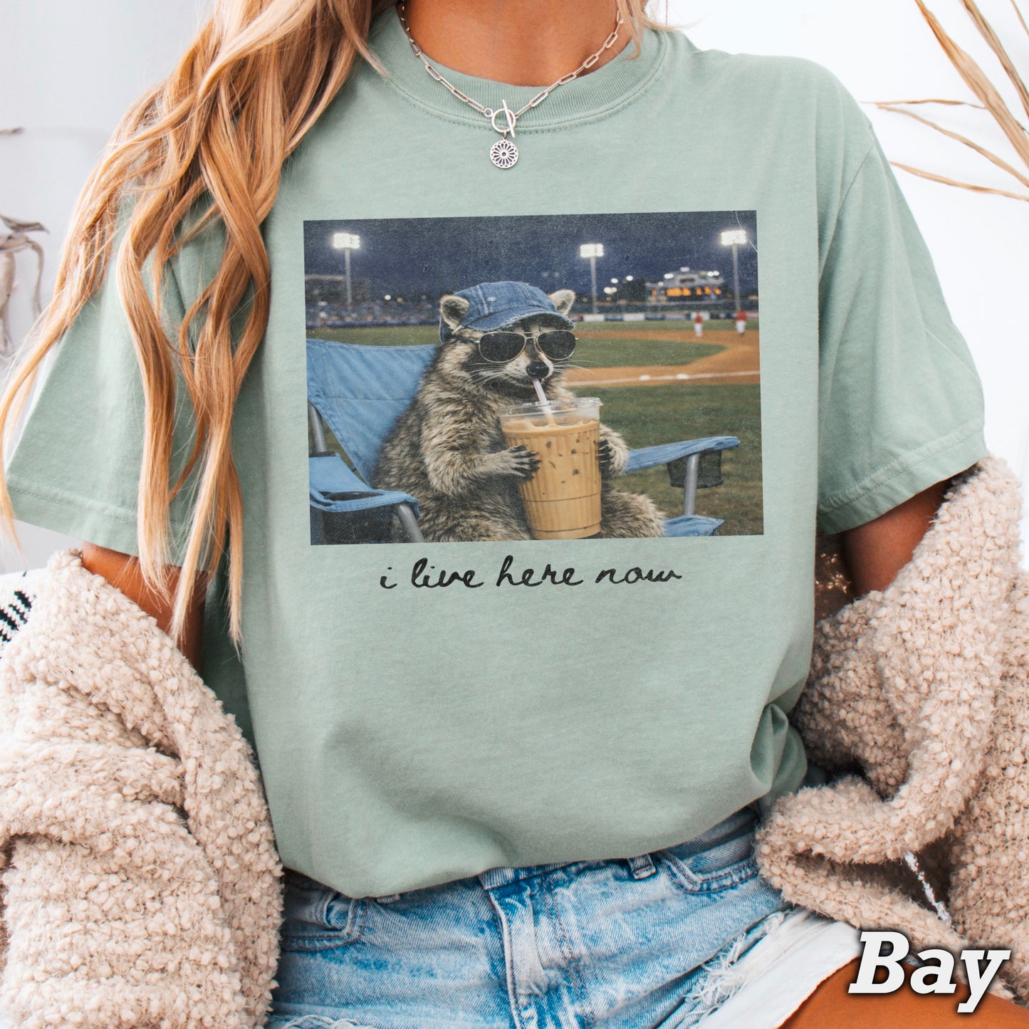 I Live Here Now Raccoon Baseball Comfort Color Graphic Tee