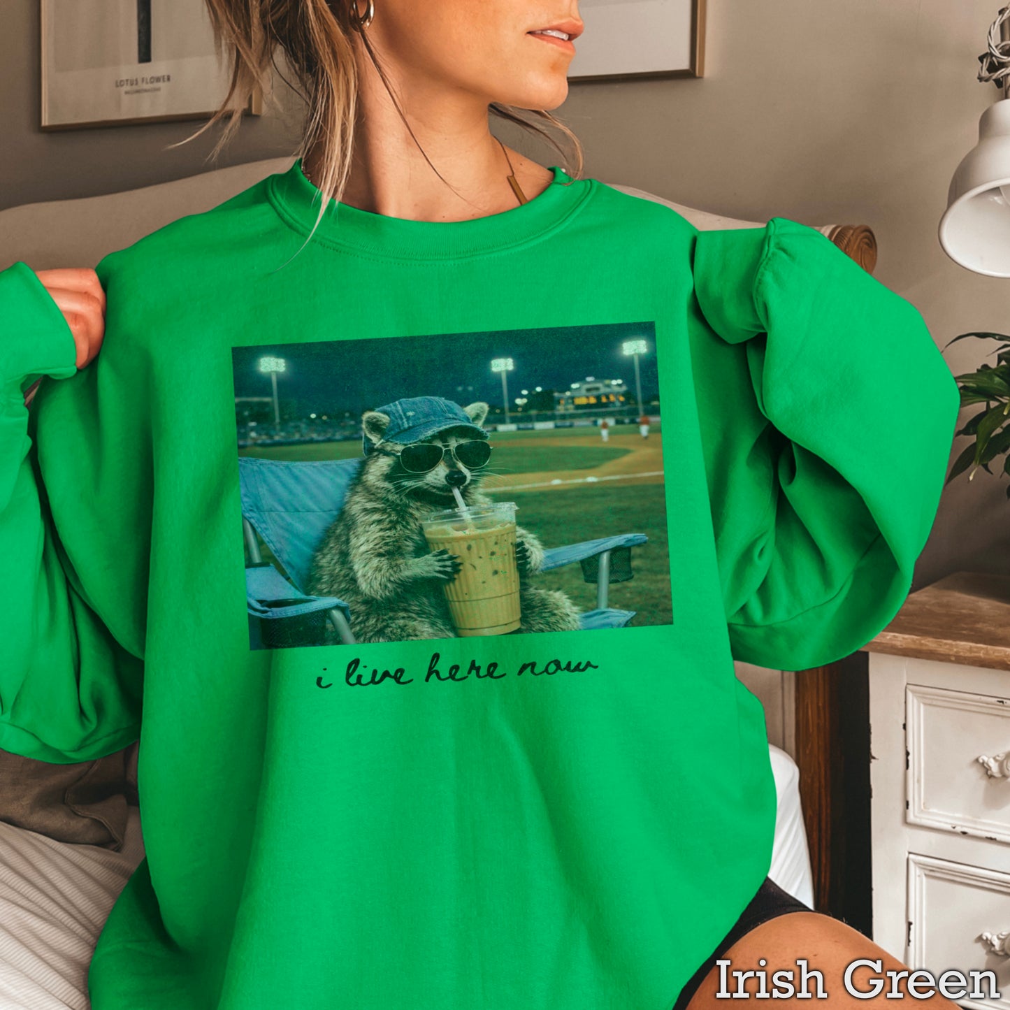 I Live Here Now Raccoon Baseball Crewneck Sweatshirt