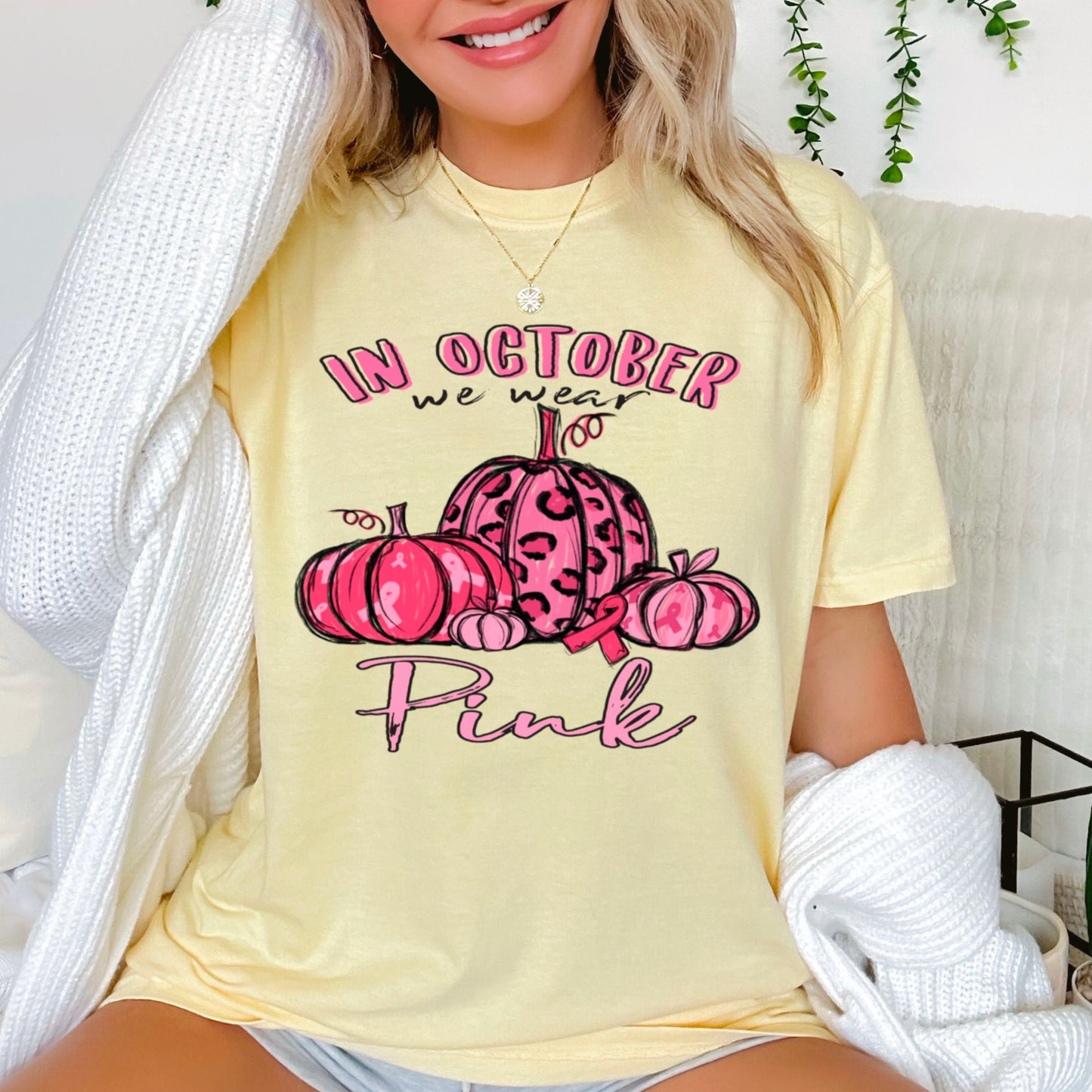 In October We Wear Pink Cancer Comfort Color Graphic Tee