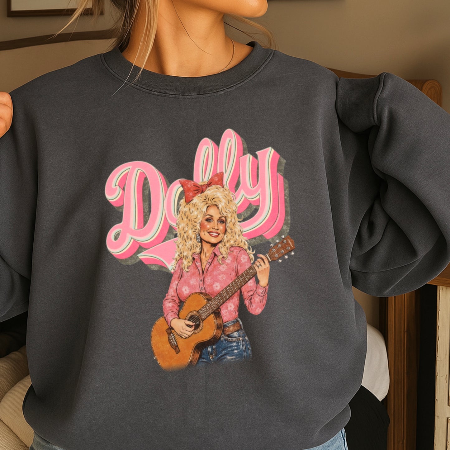 Pink Dolly Guitar Crewneck Sweatshirt
