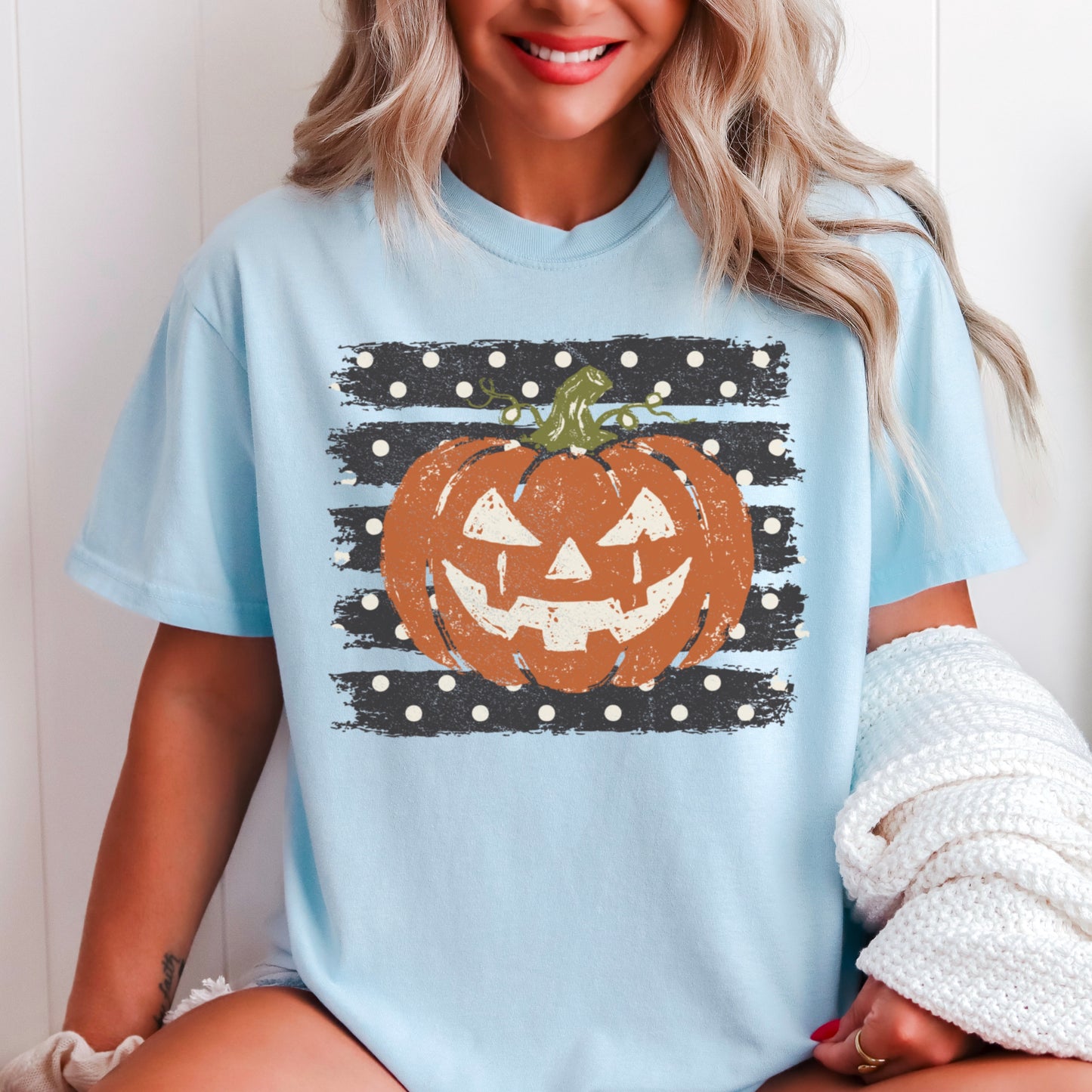 Polka Dot Pumpkin Halloween Comfort Color Graphic Tee